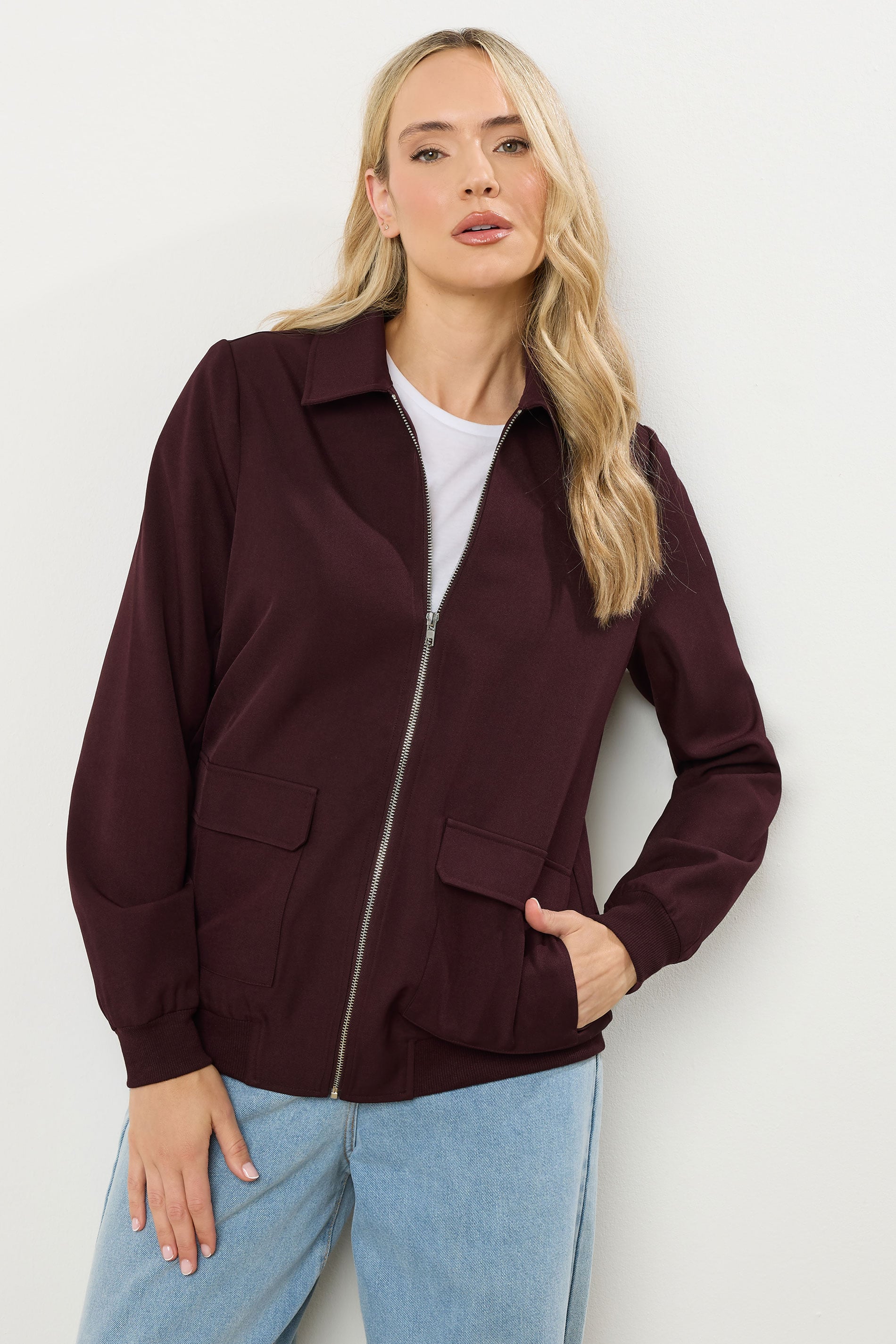 LTS Tall Burgundy Red Pocket Bomber Jacket | Long Tall Sally 3