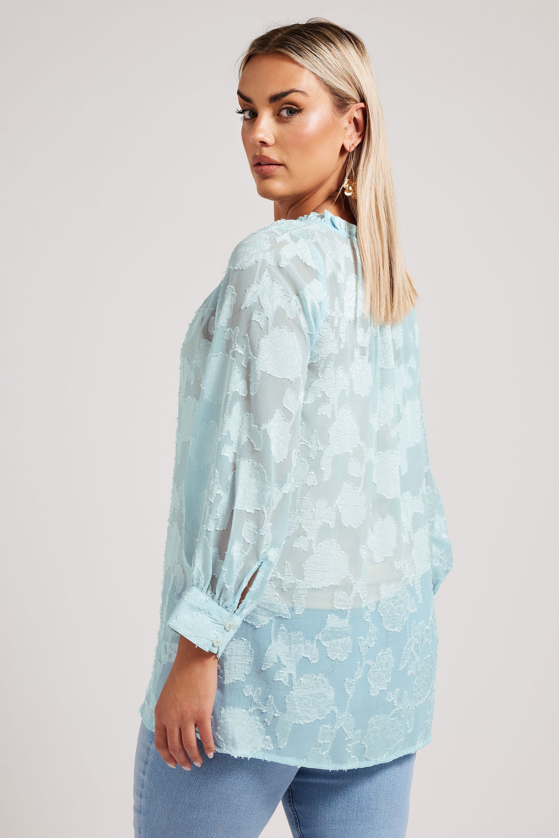 YOURS LONDON Plus Size Blue Floral Jacquard Burnout Blouse | Yours Clothing 2