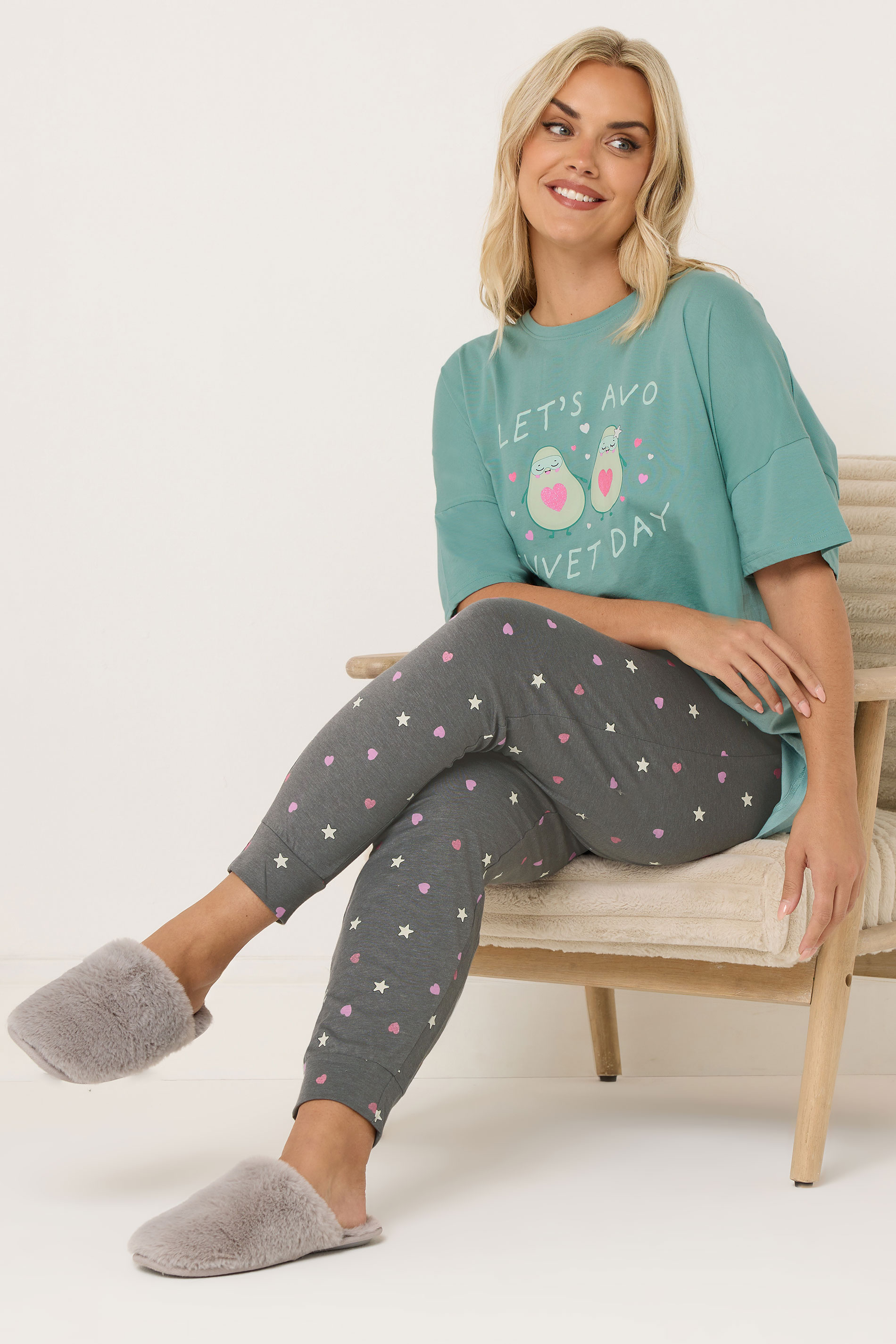 YOURS Plus Size Green 'Lets Avo A Duvet Day' Cuffed Pyjama Set | Yours Clothing 1