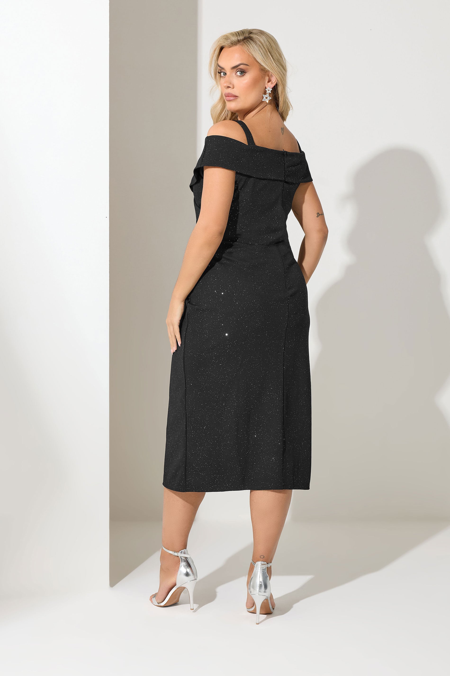 YOURS LONDON Plus Size Black Bardot Glitter Skater Dress | Yours Clothing 2
