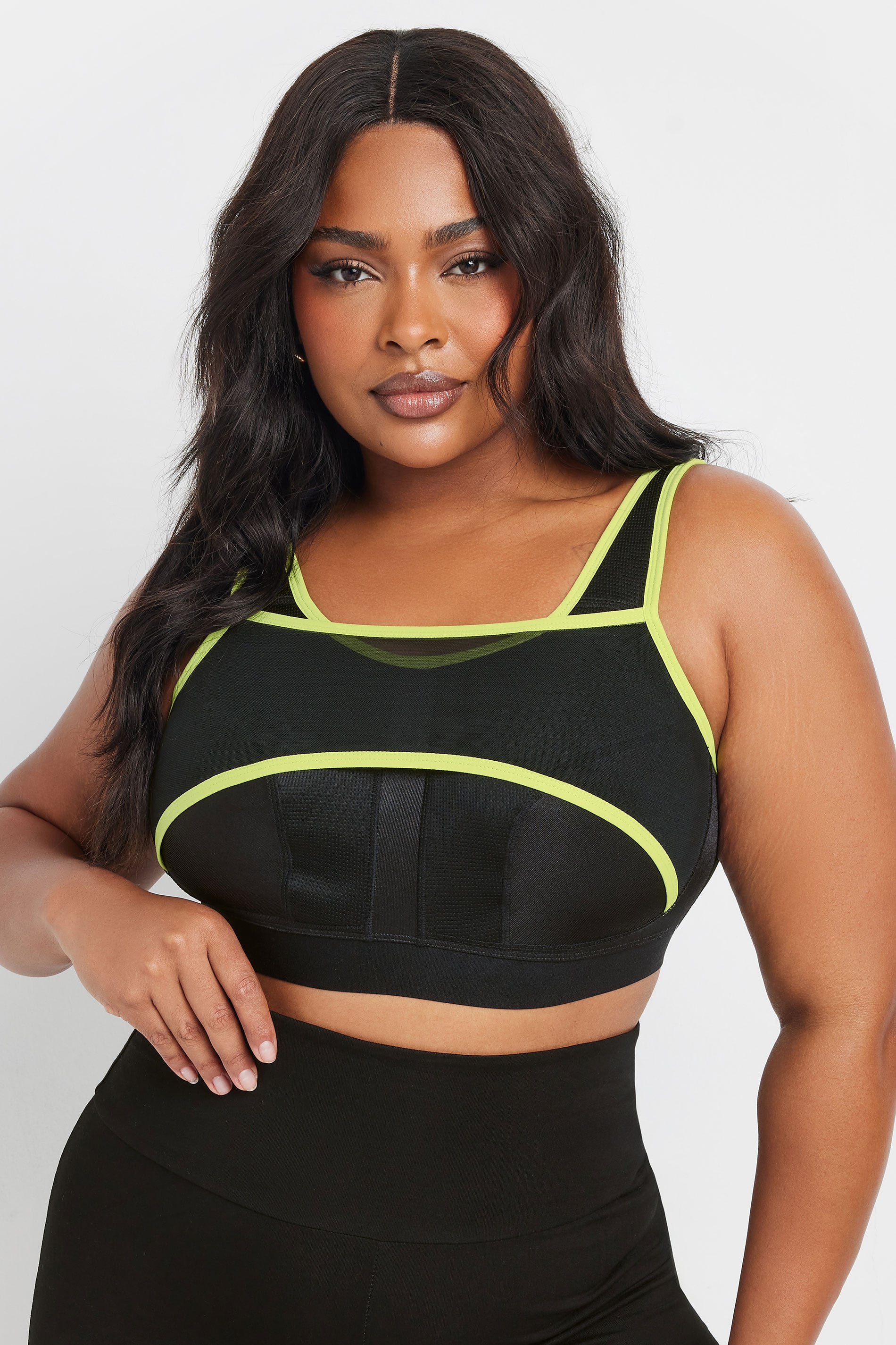 YOURS Plus Size Black Mesh Contrast Trim Non Padded Sports Bra | Yours Clothing 1