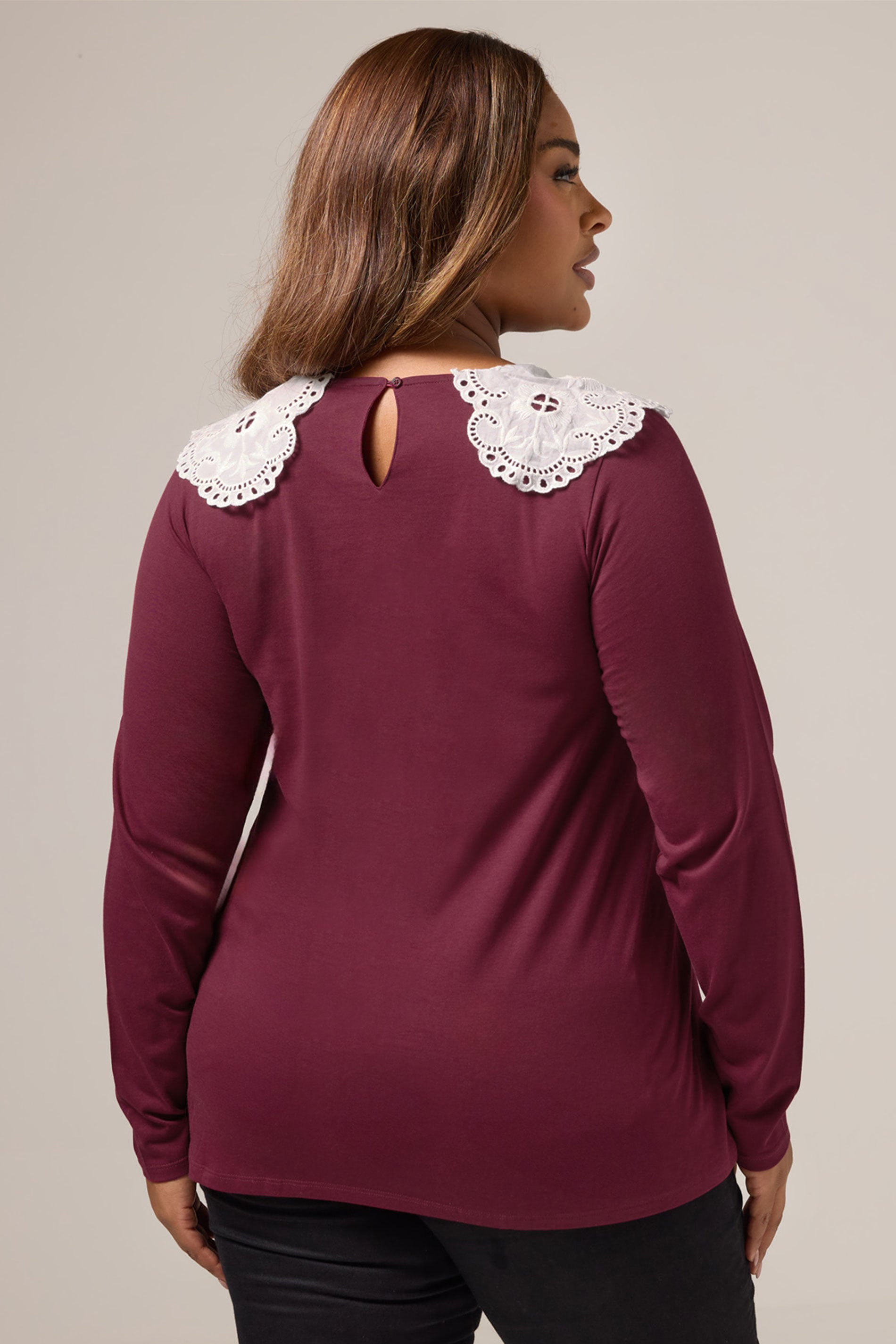 YOURS Plus Size Burgundy Red Broderie Anglaise Oversized Collar Top | Yours Clothing 2