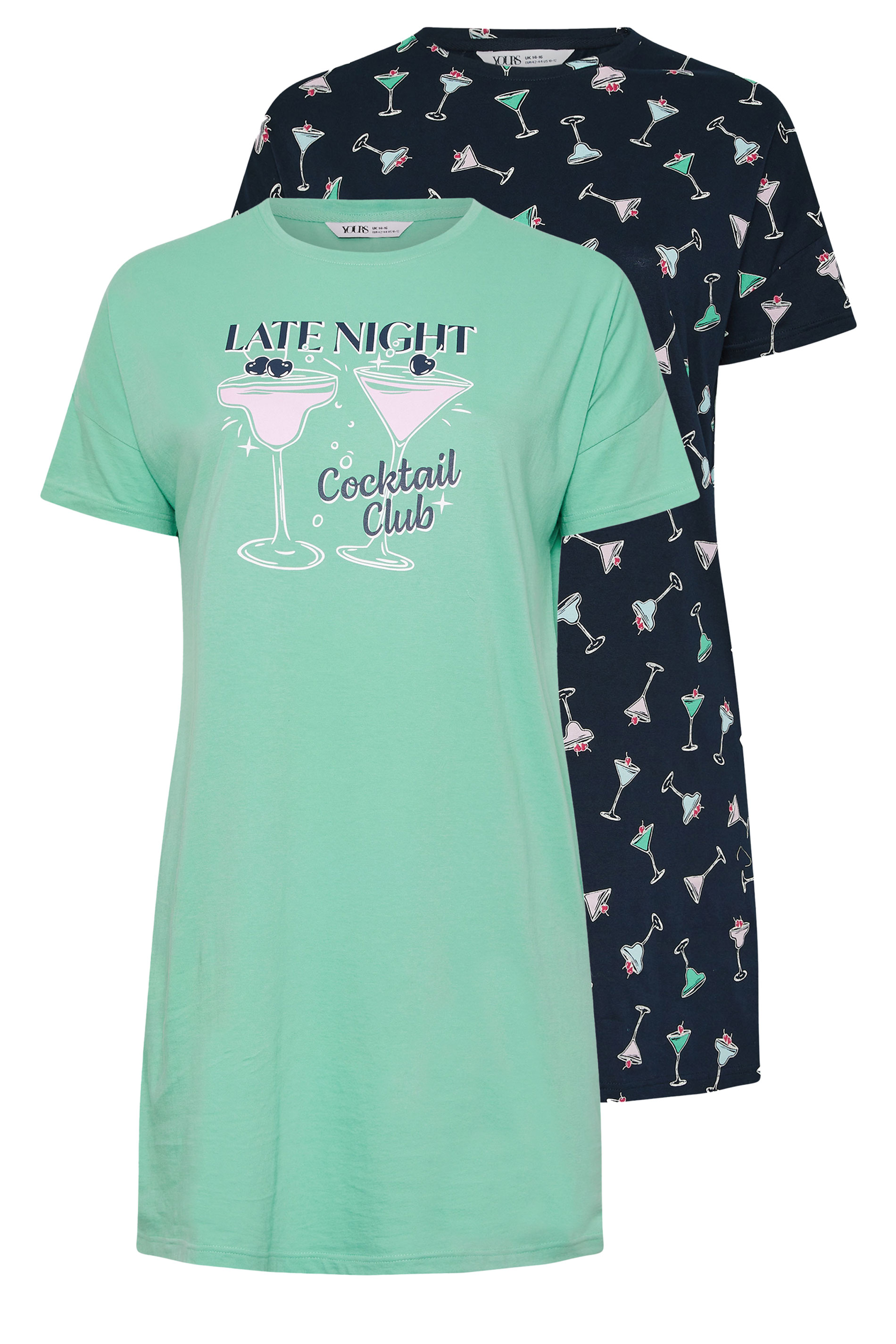 YOURSET 2 PACK Plus Size Green Cocktail Print Sleep Tee Nightdresses | Yours Clothing 7