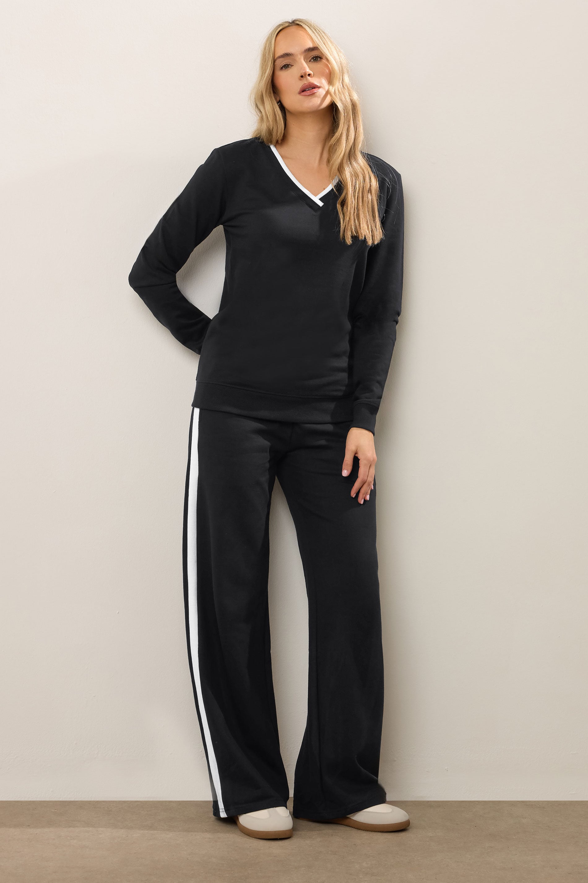 LTS Tall Black Ribbed Striped Wide Leg Joggers | Long Tall Sally 3