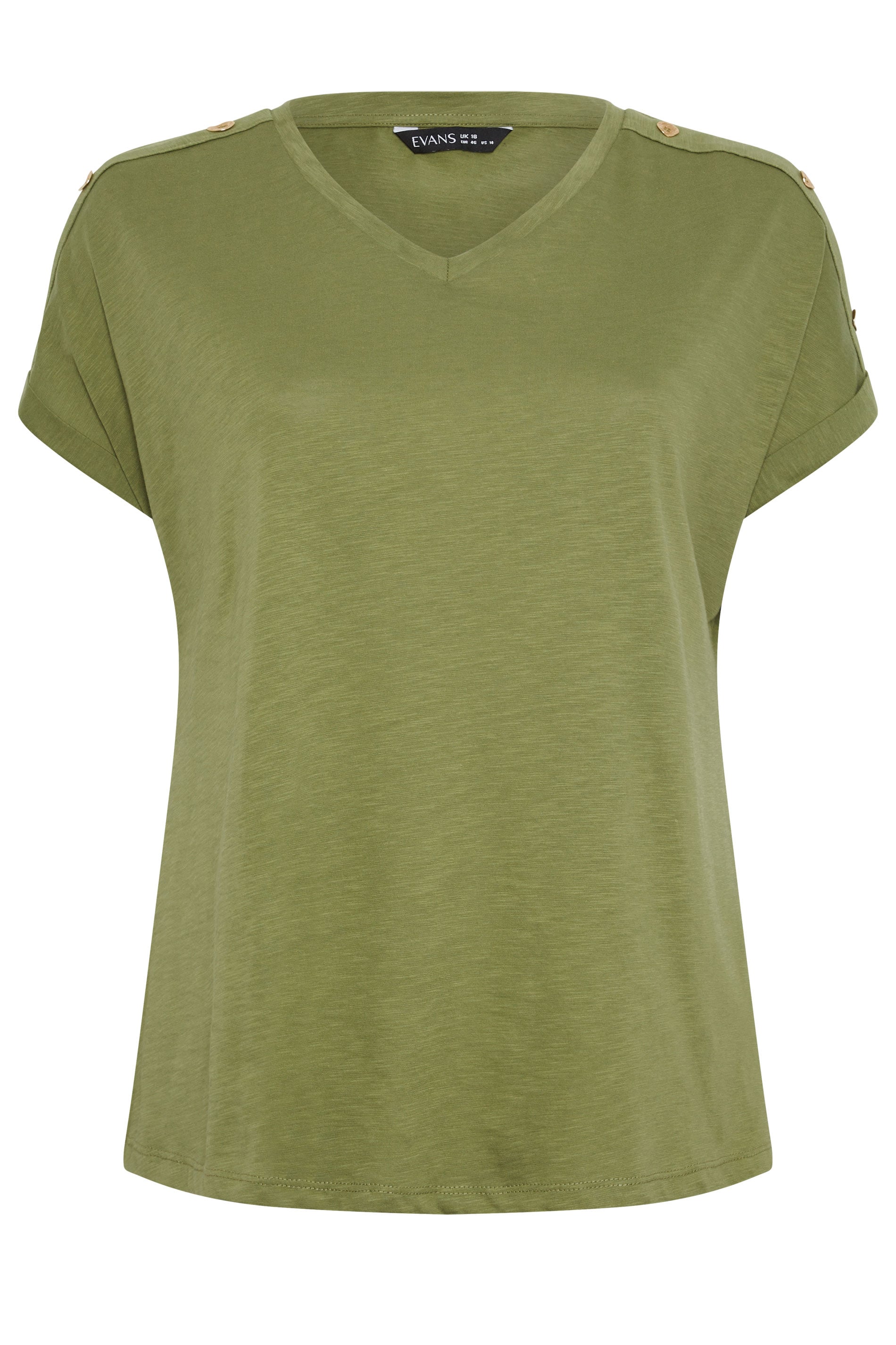 EVANS Plus Size Khaki Green Button Shoulder T-Shirt | Evans 5