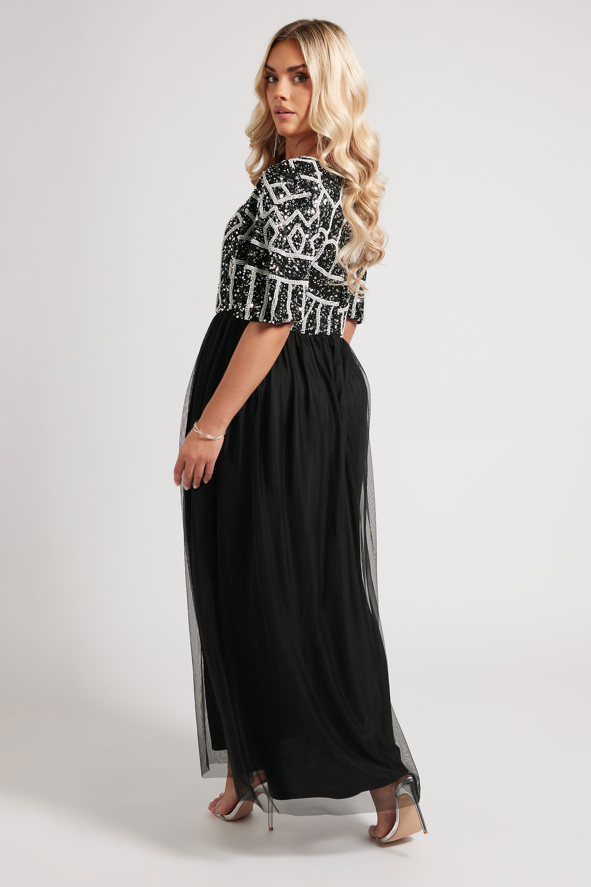 LUXE Plus Size Black Abstract Sequin Embellished Maxi Dress | Yours Clothing 5