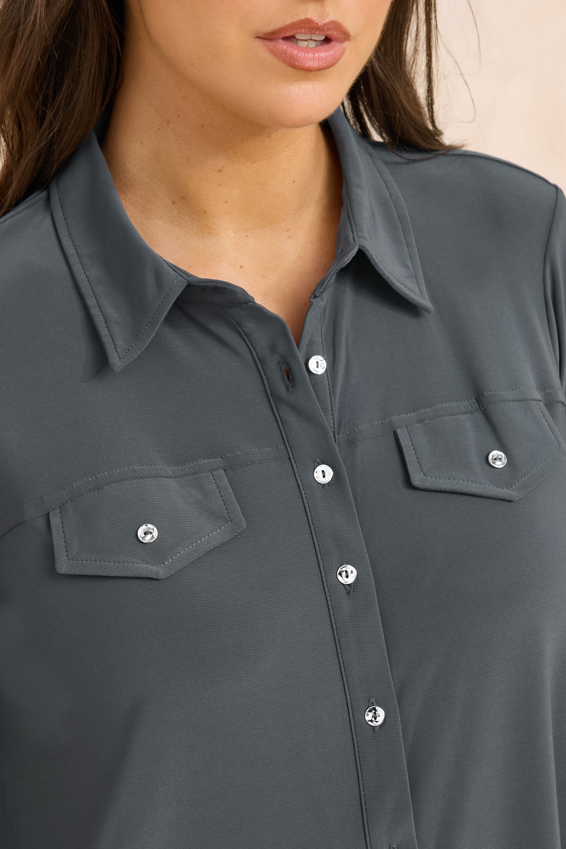 EVANS Plus Size Charcoal Grey Tab Sleeve Blouse | Evans 4