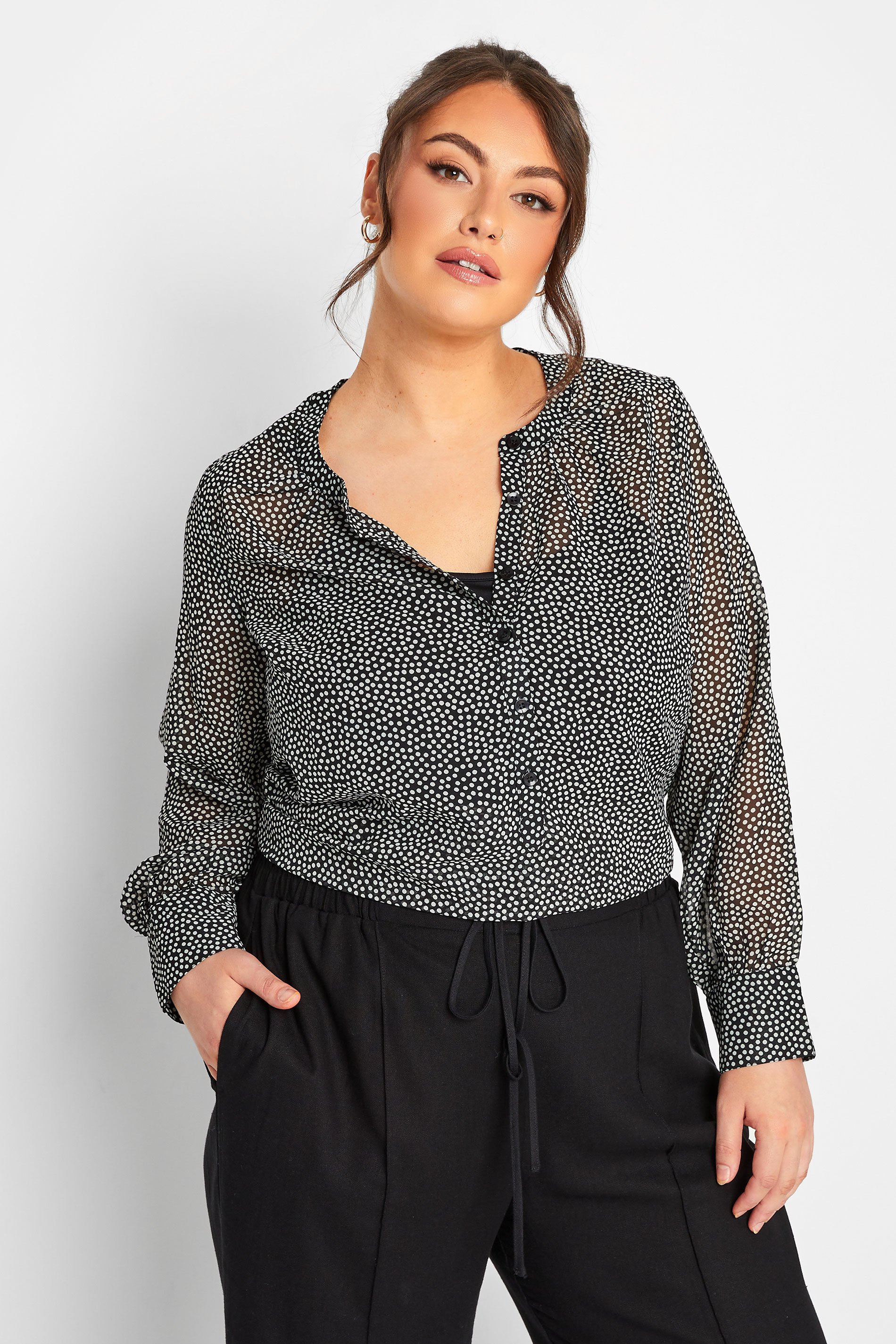 YOURS Curve Plus Size Black Polka Dot  Print Chiffon Shirt | Yours Clothing  2