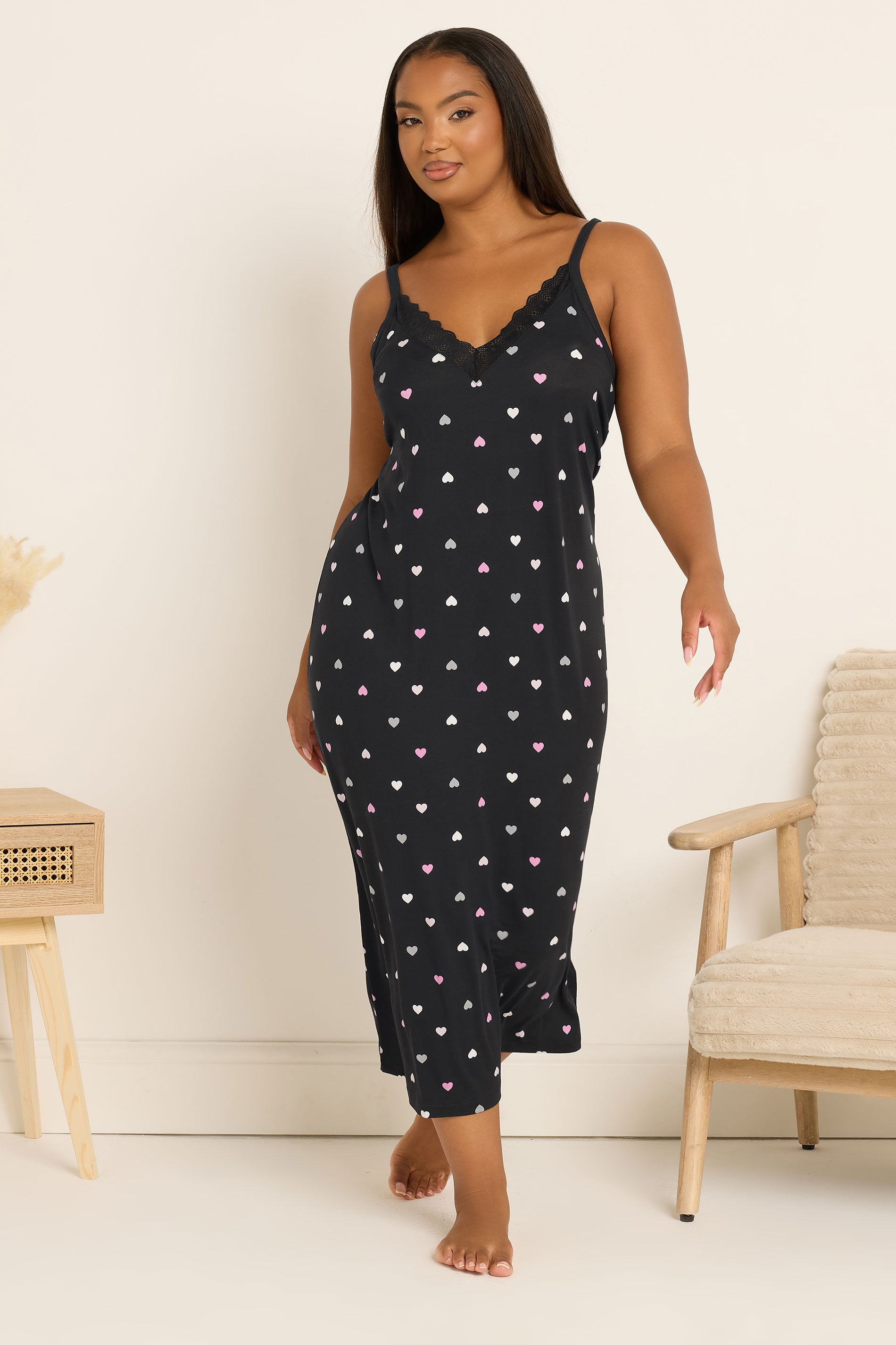 YOURS Plus Size Black Heart Soft Touch Chemise Nightdress | Yours Clothing 3