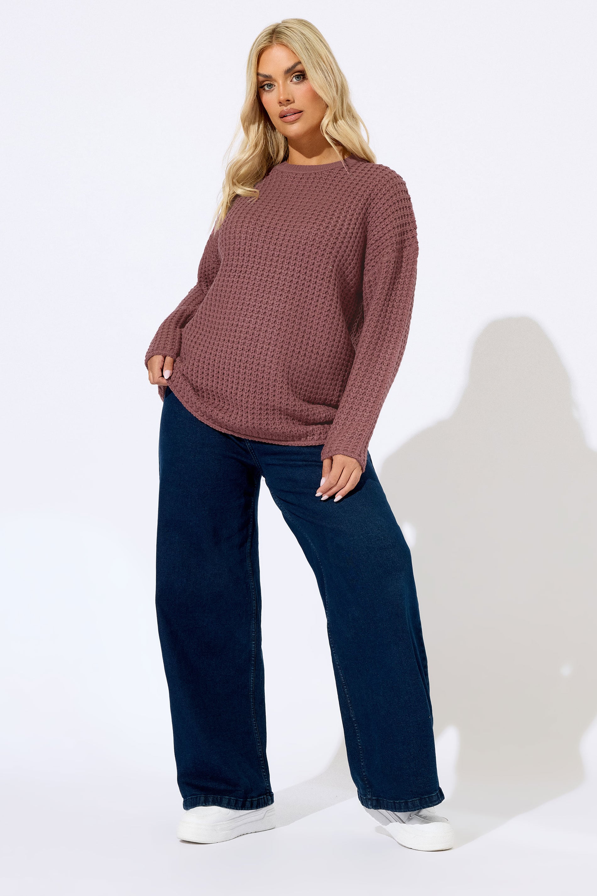 YOURS Plus Size Pink Waffle Knit Jumper | Yours Clothing 1