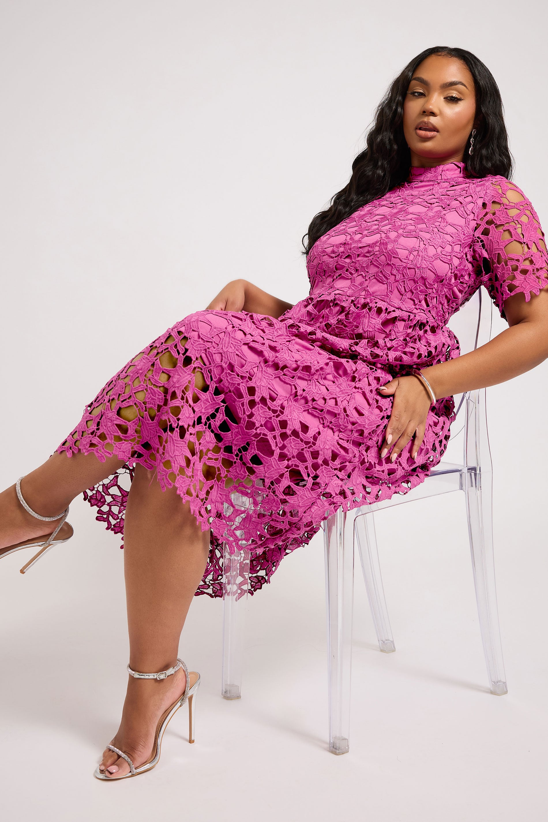 YOURS LONDON Plus Size Hot Pink Lace Crochet Midi Dress | Yours Clothing  1