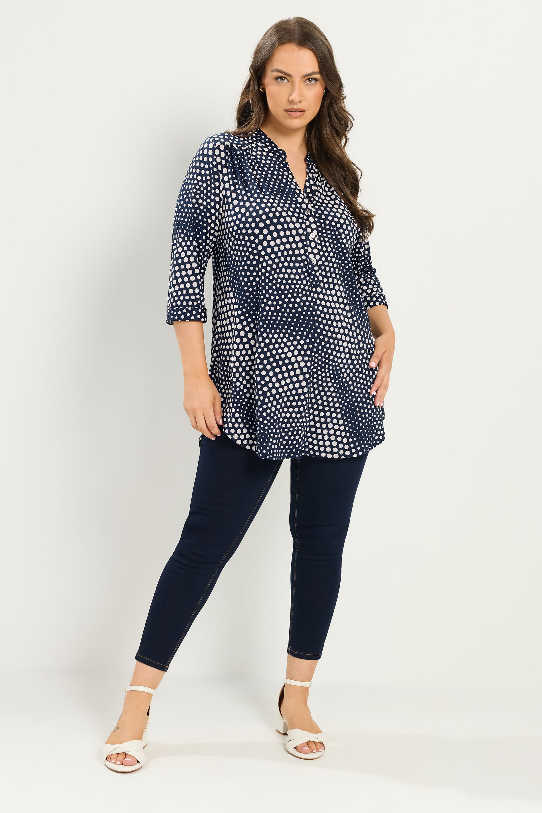 YOURS Plus Size Navy Blue Polka Dot Half Placket Shirt | Yours Clothing 1