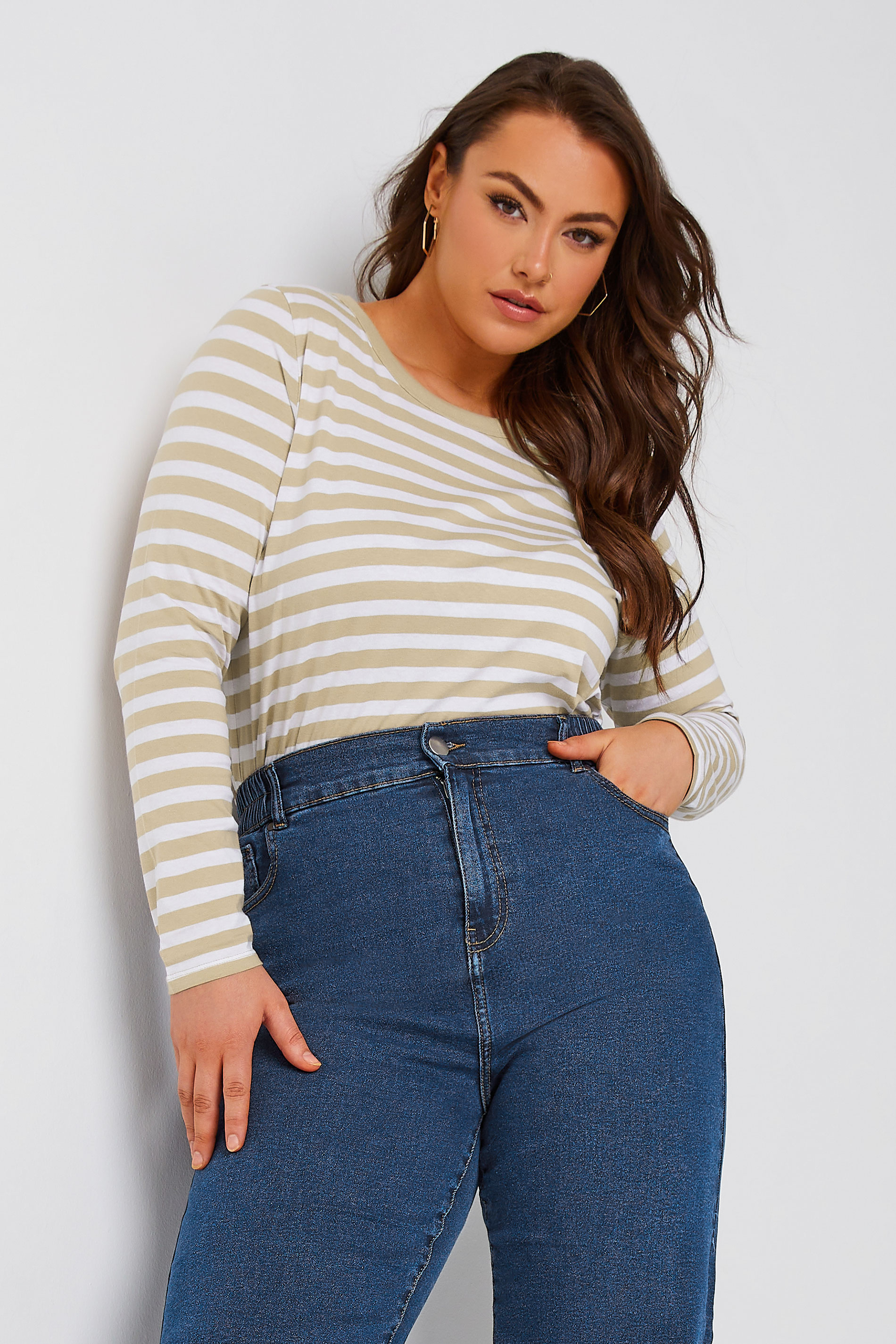 Plus Size Beige Brown Stripe Long Sleeve T-Shirt | Yours Clothing 1