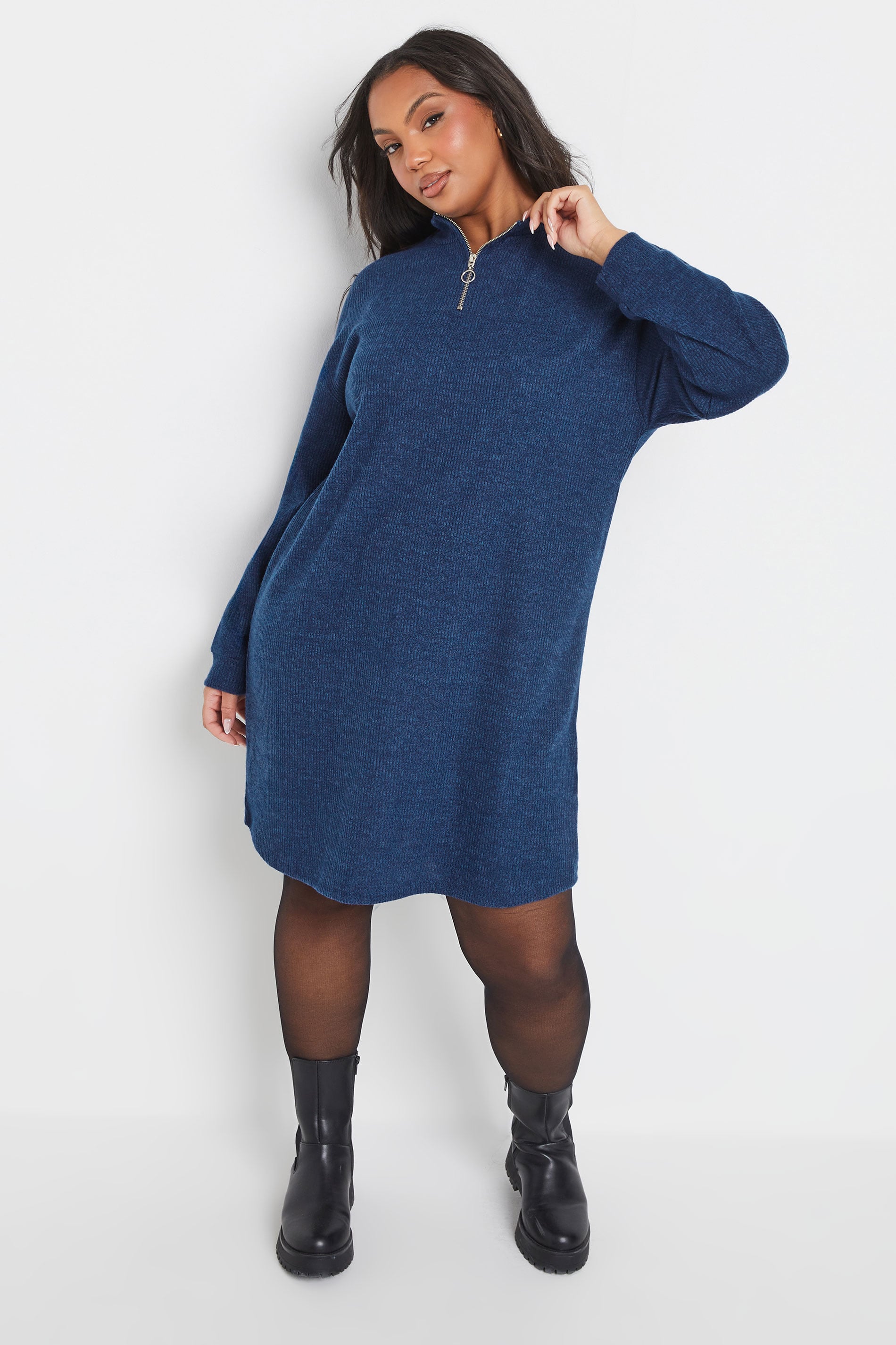 YOURS Plus Size Blue Zip Neck Ribbed Jumper Dress | Yours Clothing 3