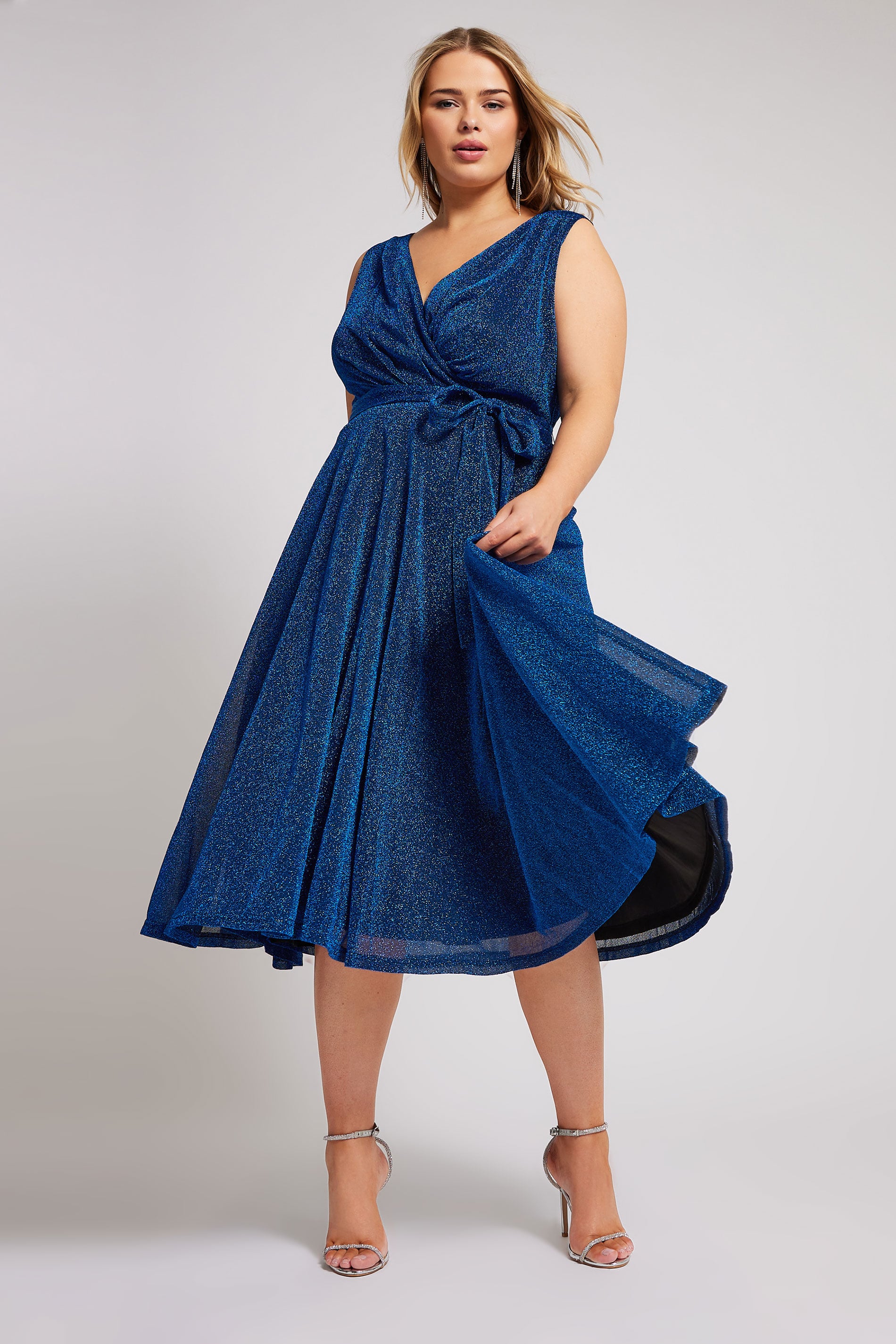 YOURS LONDON Plus Size Blue Metallic Wrap Skater Dress | Yours Clothing 1