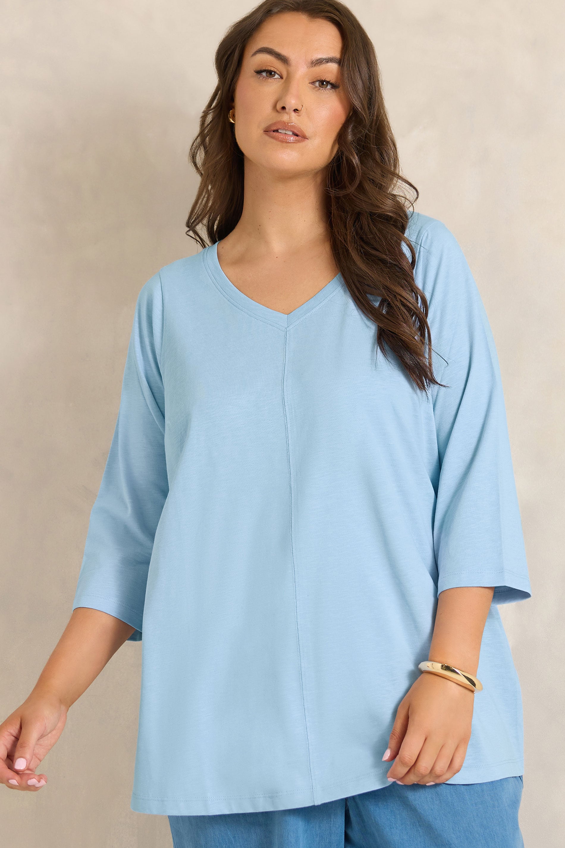 EVANS Plus Size Sky Blue V-Neck Cotton Top | Evans 3