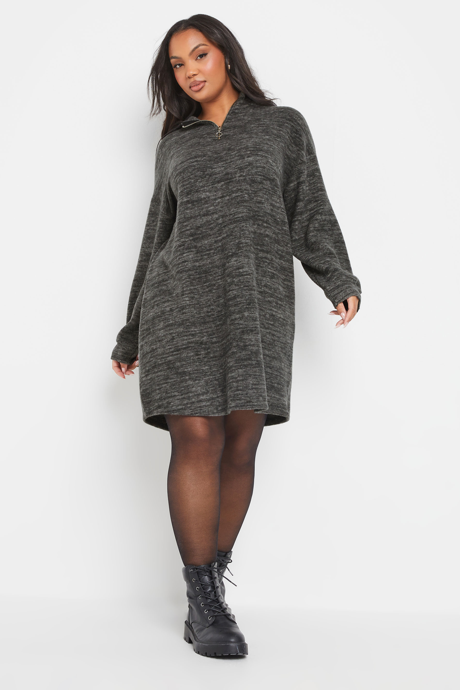 YOURS Plus Size Grey Soft Touch Zip Jumper Dress | Yours Clothing 1