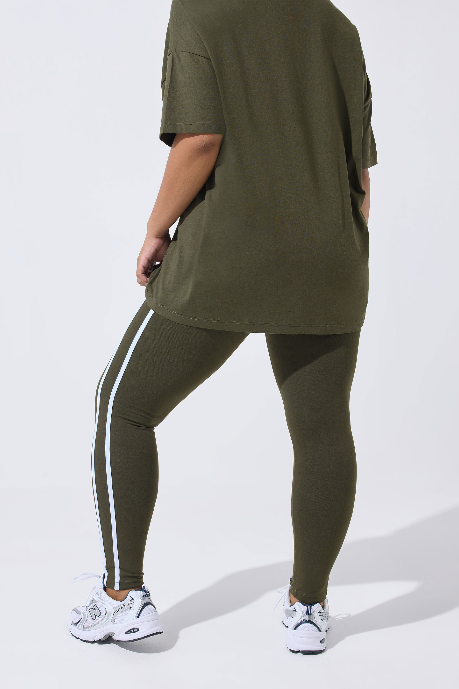 YOURS ACTIVE Plus Size Khaki Green Side Stripe Leggings | Yours Clothing 4