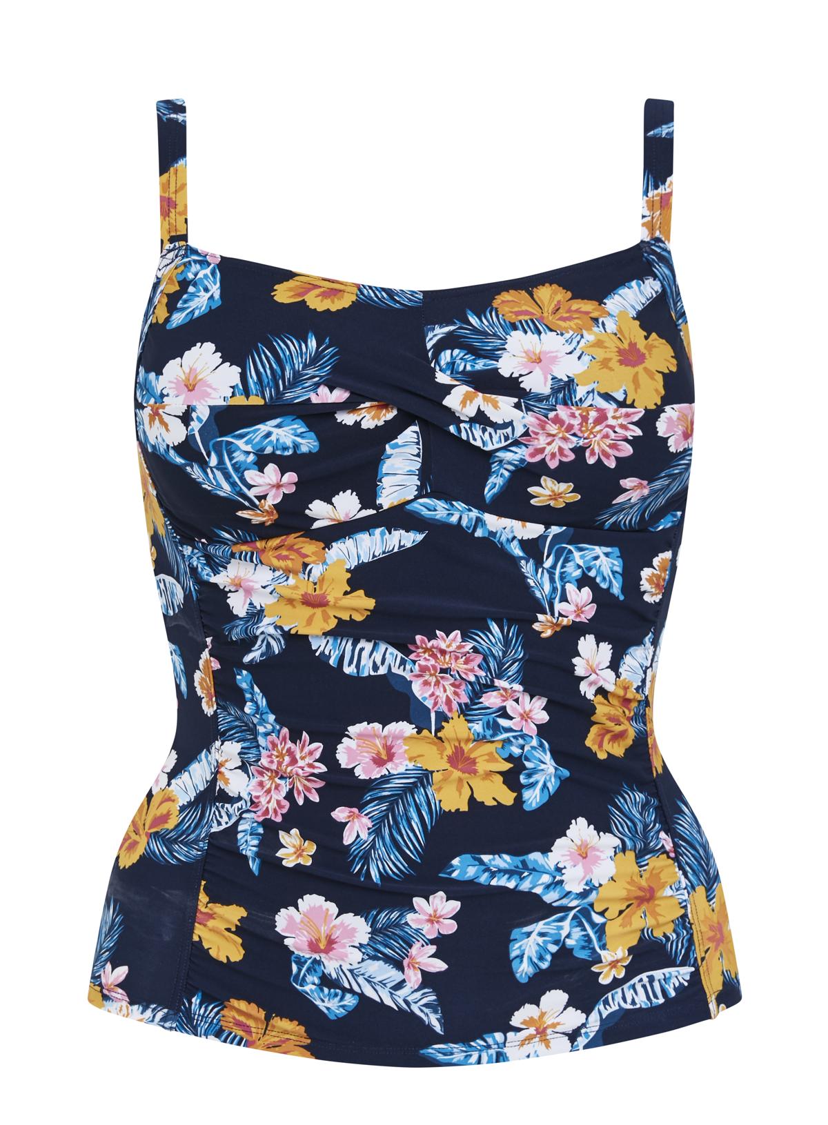 Ruched Tropical Print Navy Tankini 3