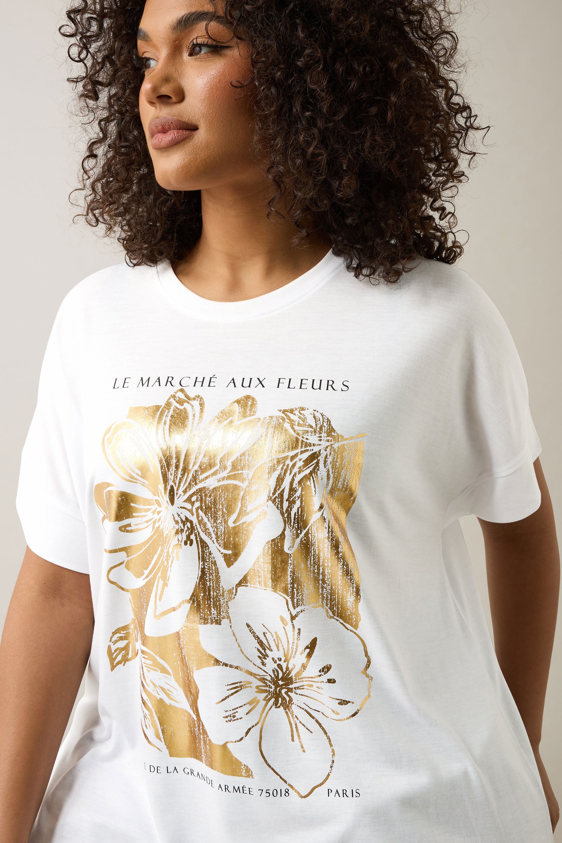 EVANS Plus Size White Metallic Floral Print Modal Rich T-Shirt | Evans 4