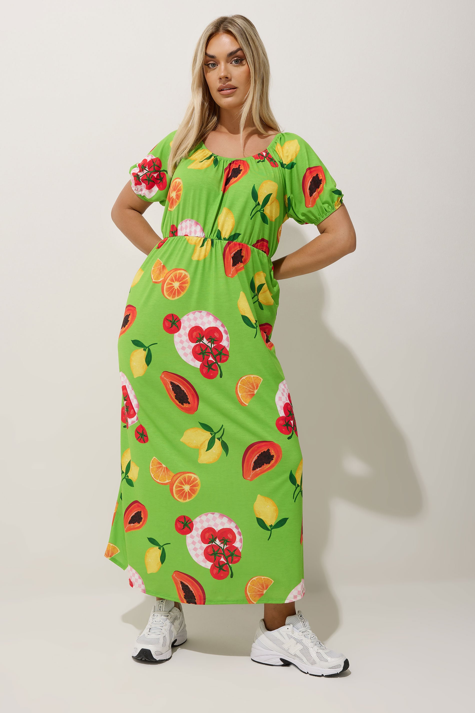 LIMITED COLLECTION Plus Size Green Fruit Print Bardot Dress | Yours Clothing 2