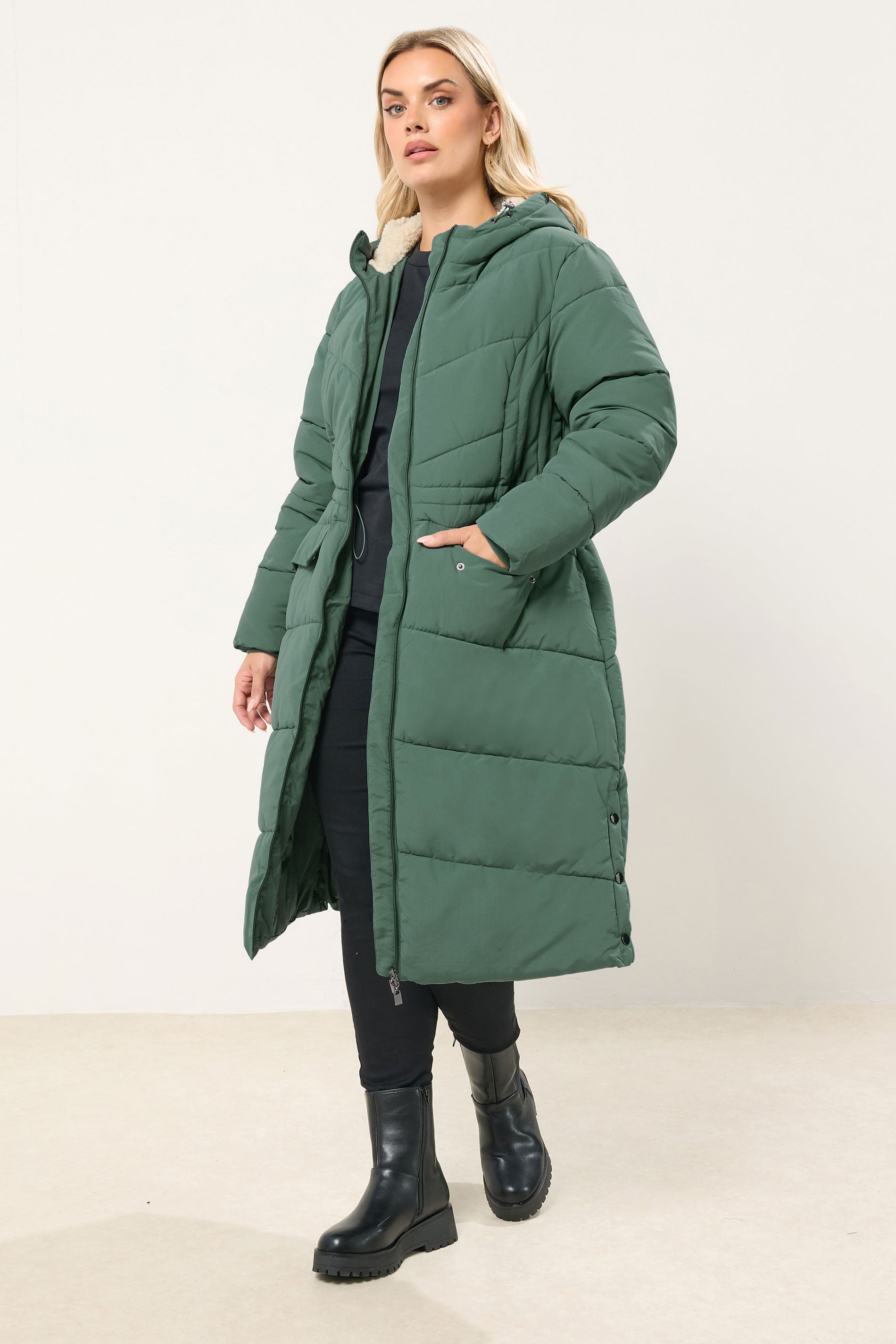 YOURS Plus Size Green Borg Hooded Padded Maxi Coat | Yours Clothing 3