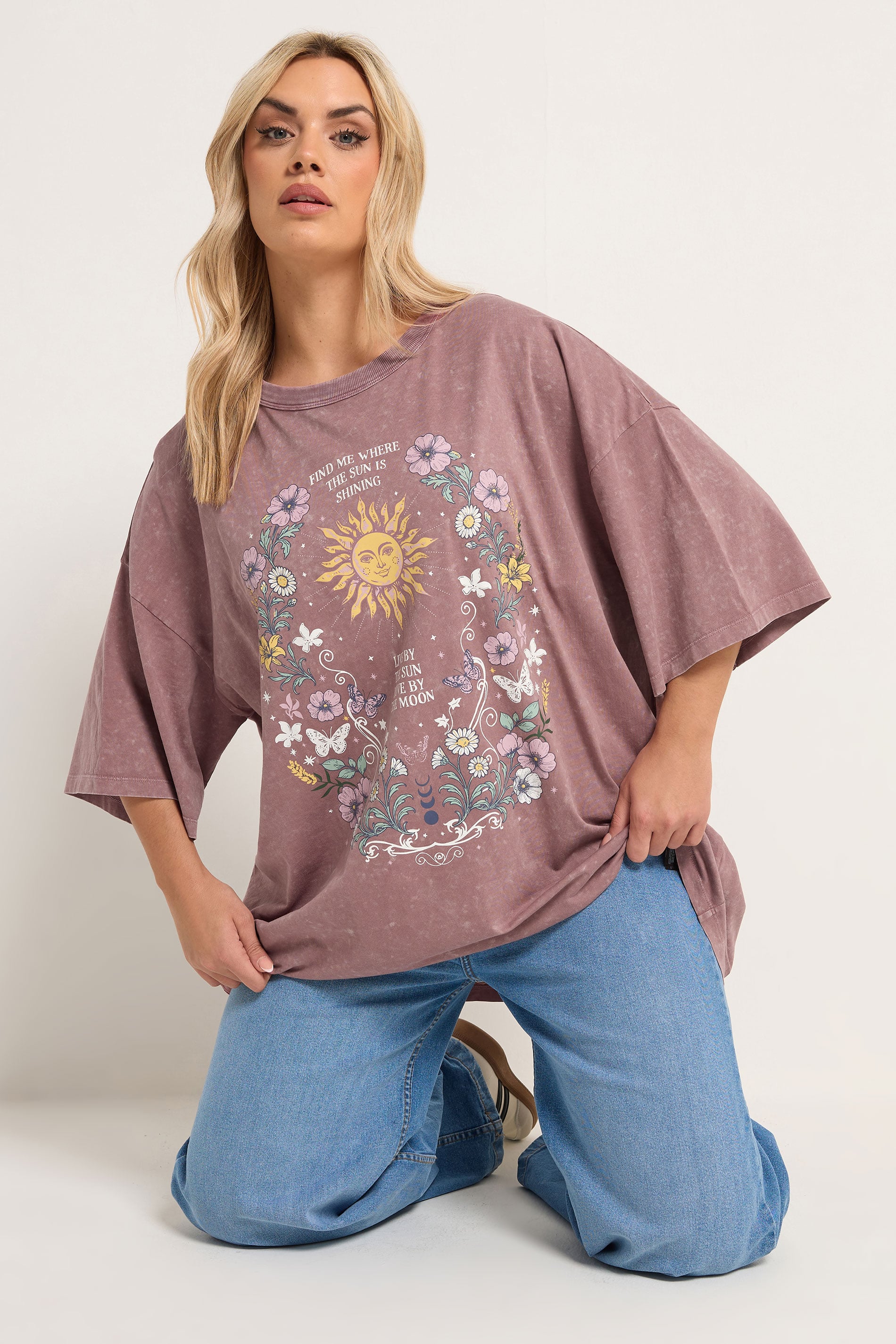 YOURS Plus Size Pink Floral & Sun Graphic Boxy T-Shirt | Yours Clothing 3