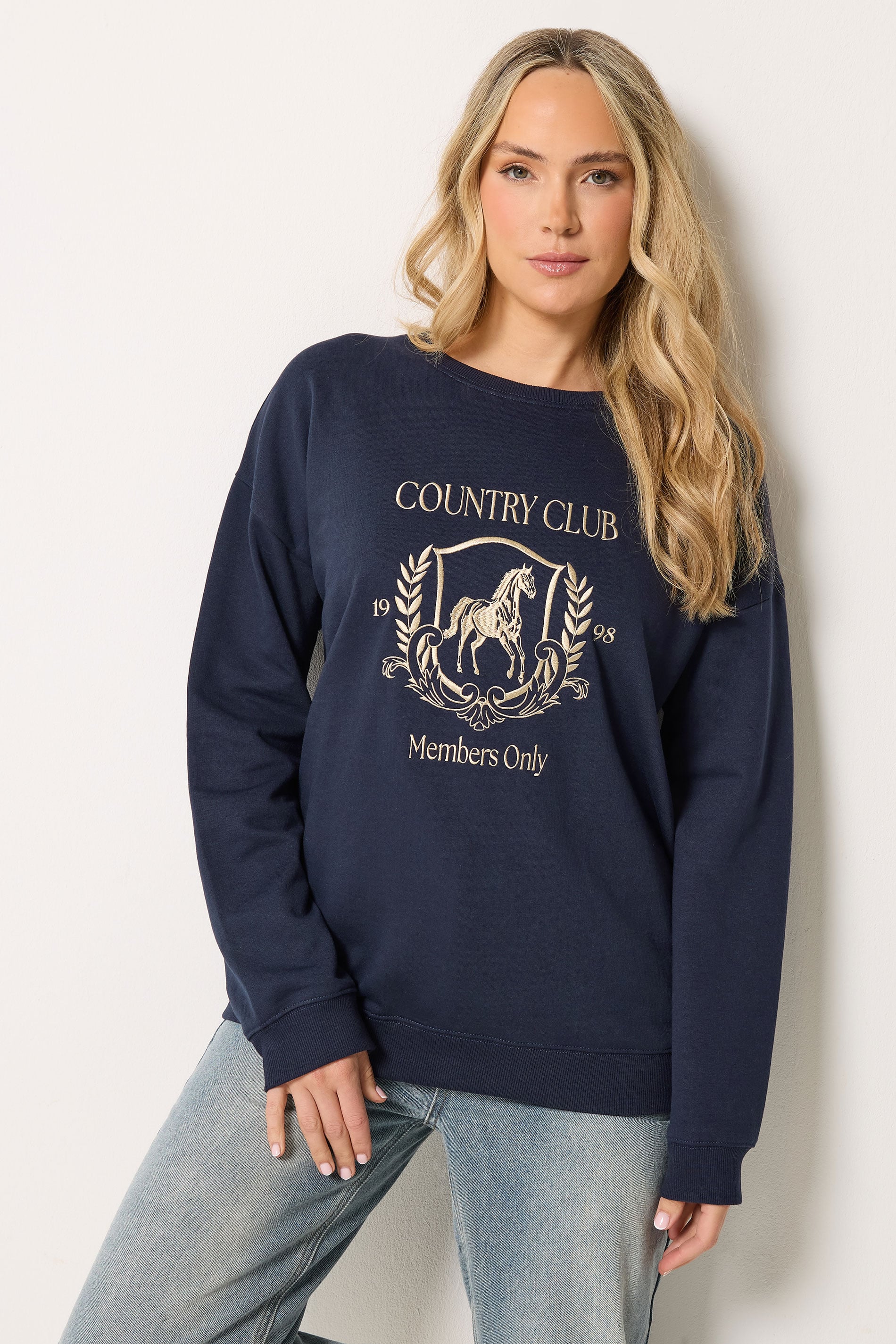 LTS Tall Women's Navy Blue 'Country Club' Embroidered Slogan Sweatshirt | Long Tall Sally 3