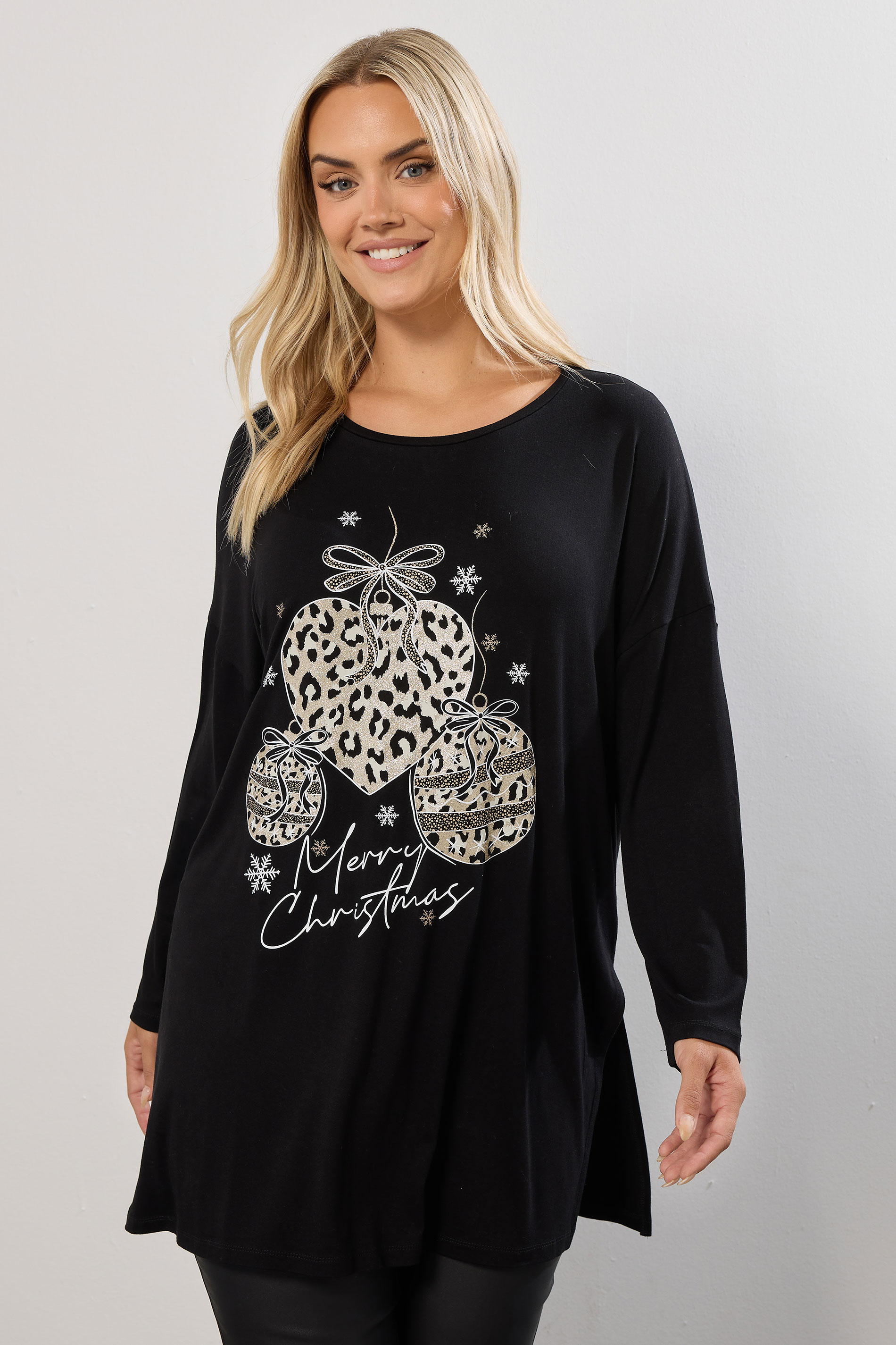 YOURS Plus Size Black Glitter Leopard Christmas Bauble Novelty Top | Yours Clothing 3