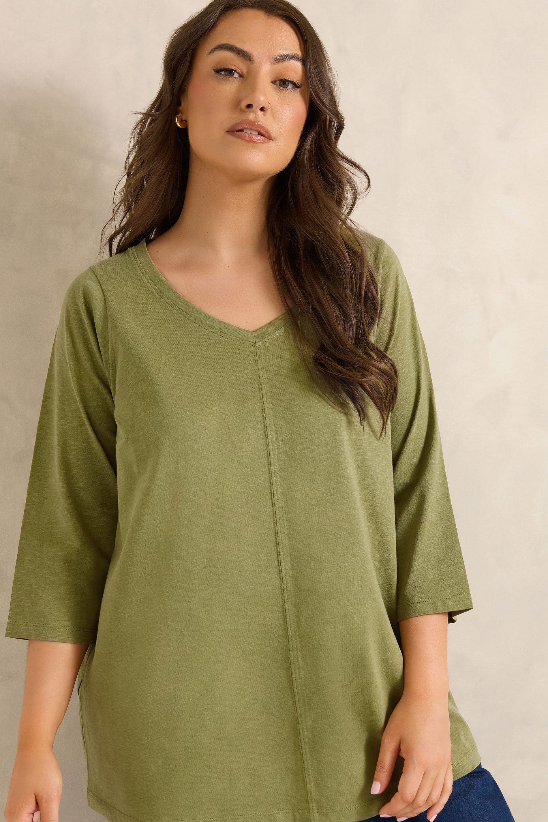 EVANS Plus Size Moss Green V-Neck Cotton Top | Evans 3