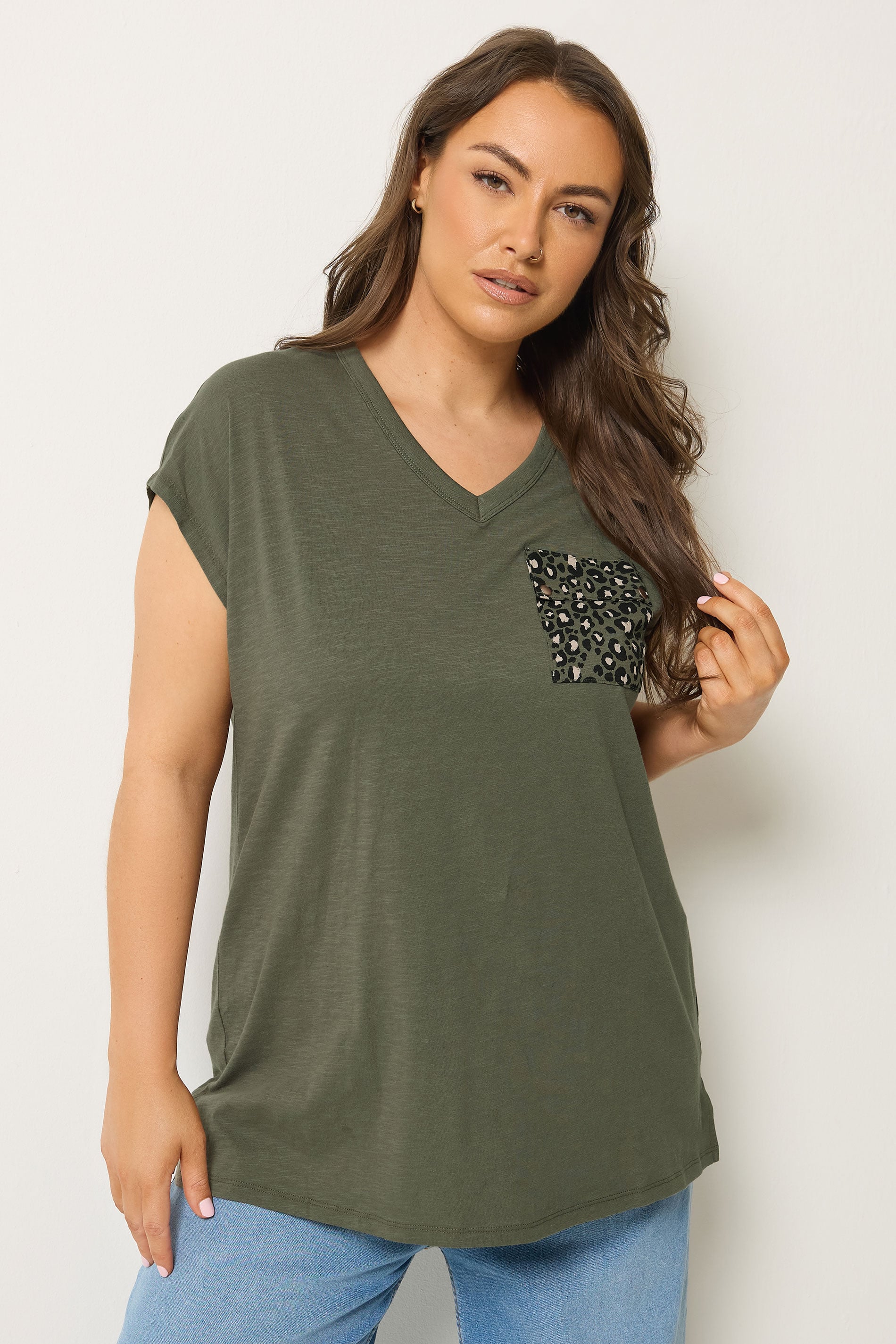 YOURS Plus Size Khaki Green Animal Stud Pocket T-Shirt | Yours Clothing 3