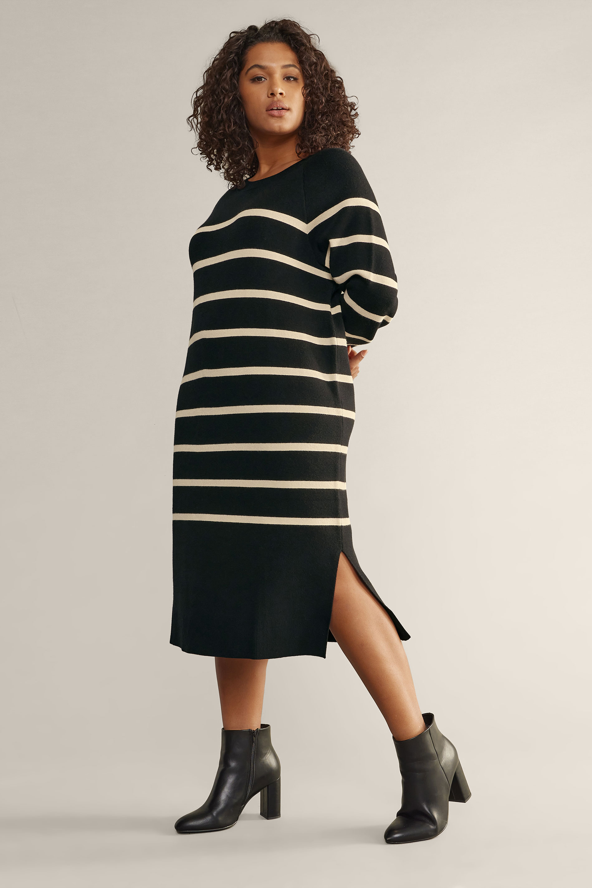 EVANS Plus Size Black & Ivory White Striped Knitted Jumper Dress | Evans 1