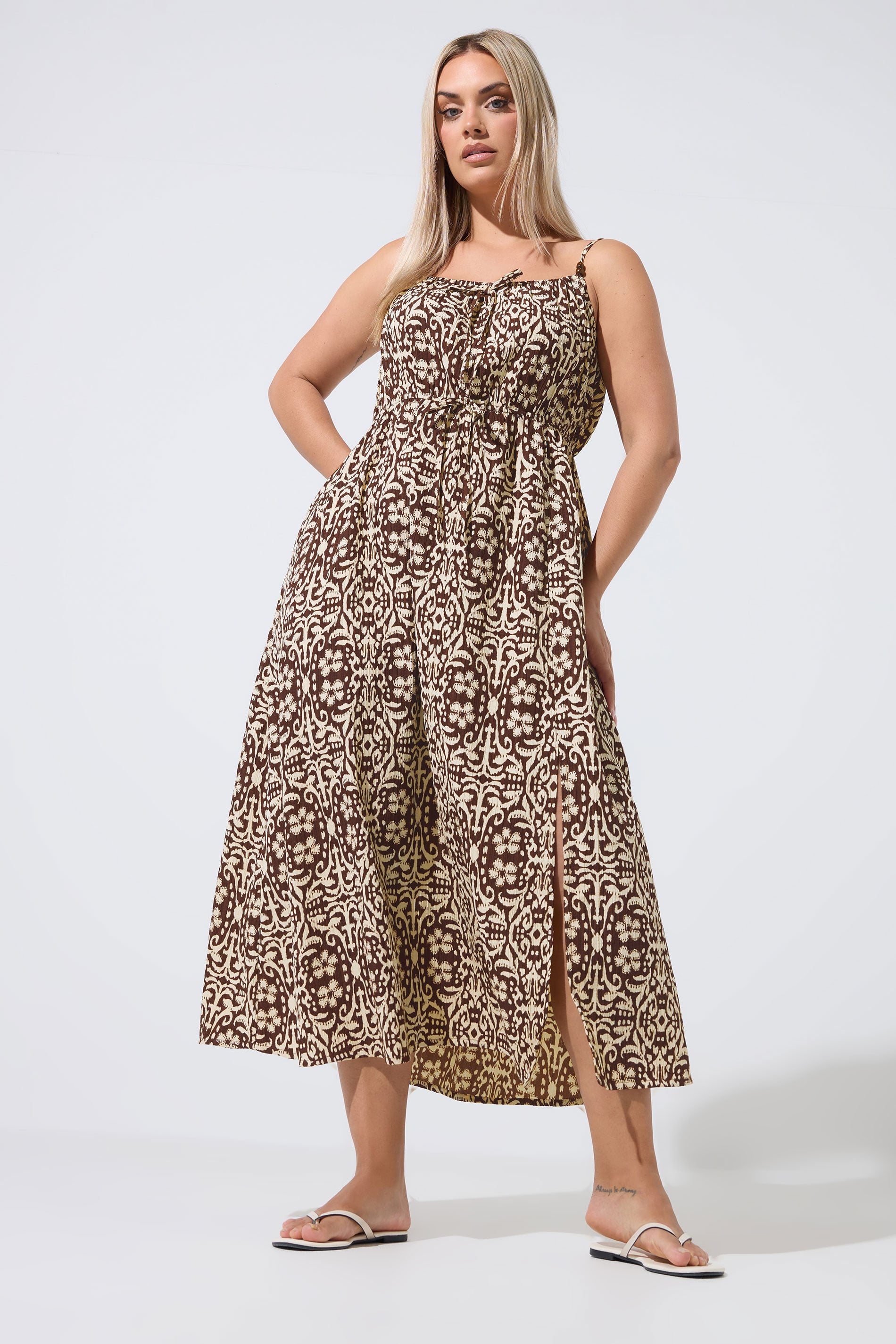 LIMITED COLLECTION Plus Size Brown Abstract Tie Strap Dress | Yours Clothing 3
