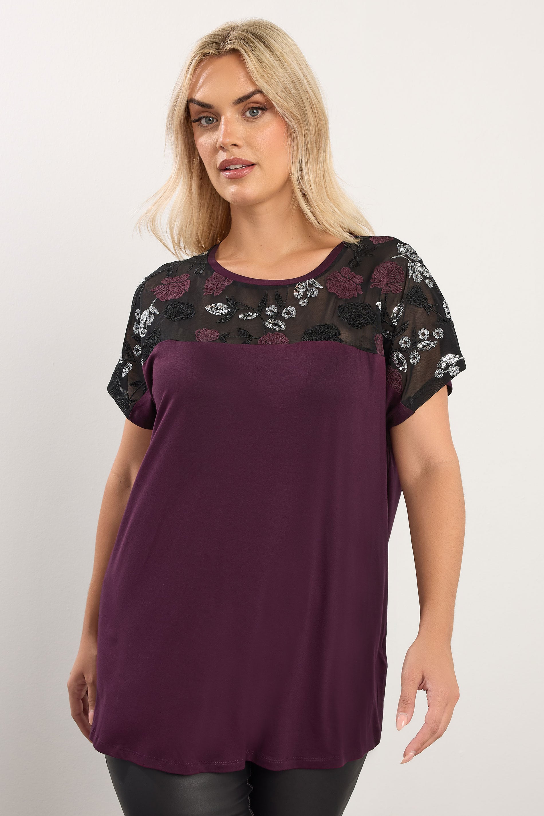 YOURS Plus Size Burgundy Red Mesh Embellished Swing Top | Yours Clothing  3