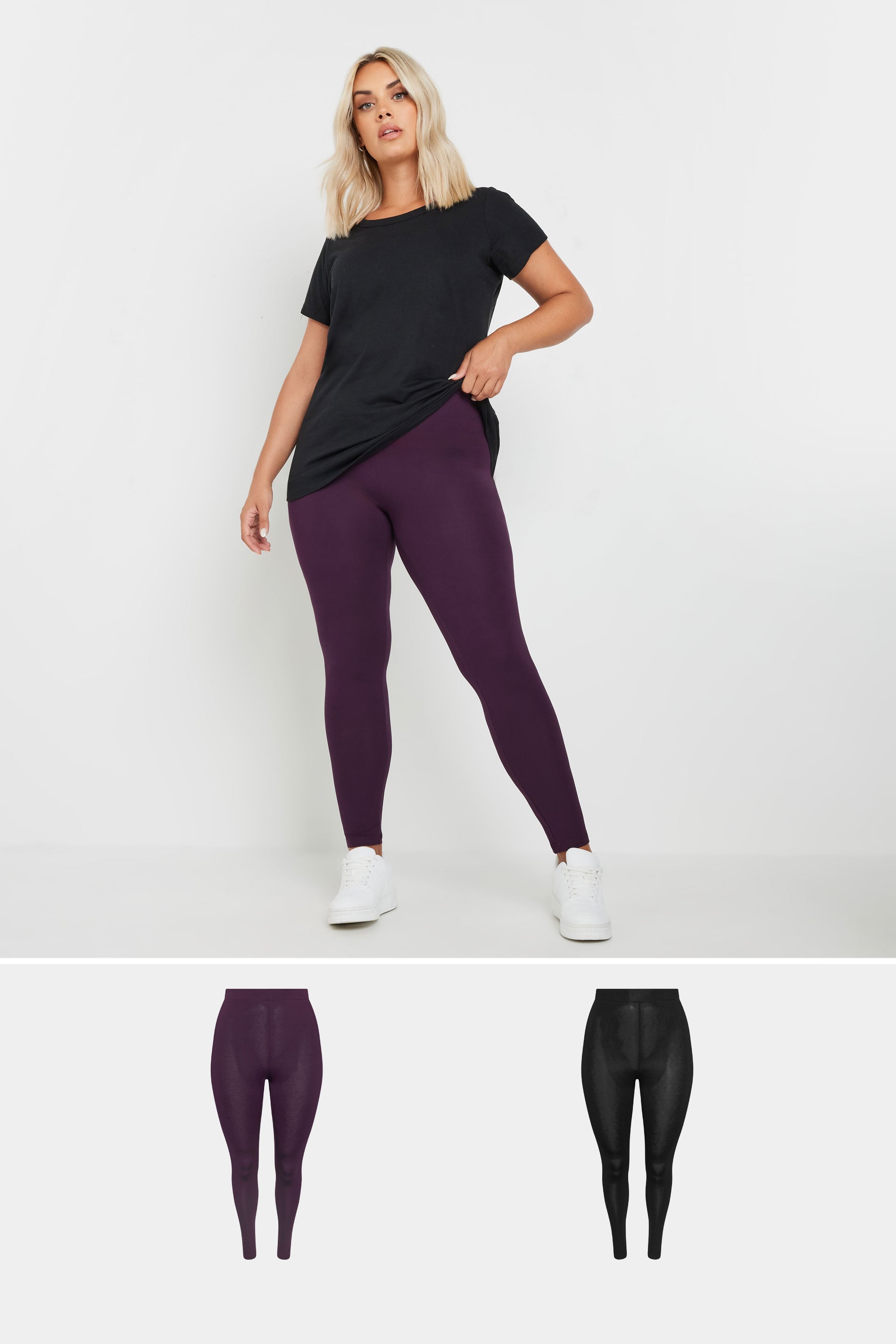 YOURSET 2 PACK Plus Size Burgundy Red & Black Soft Touch Stretch Leggings | Yours Clothing 1