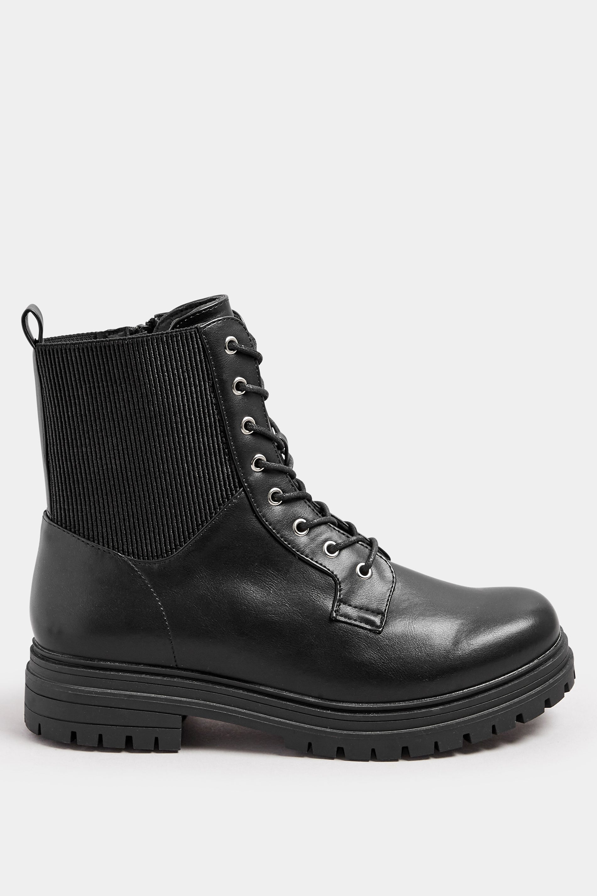 Black Stretch Panel Lace Up Chunky Boots In Wide E Fit & Extra Wide EEE Fit | Yours Clothing 2