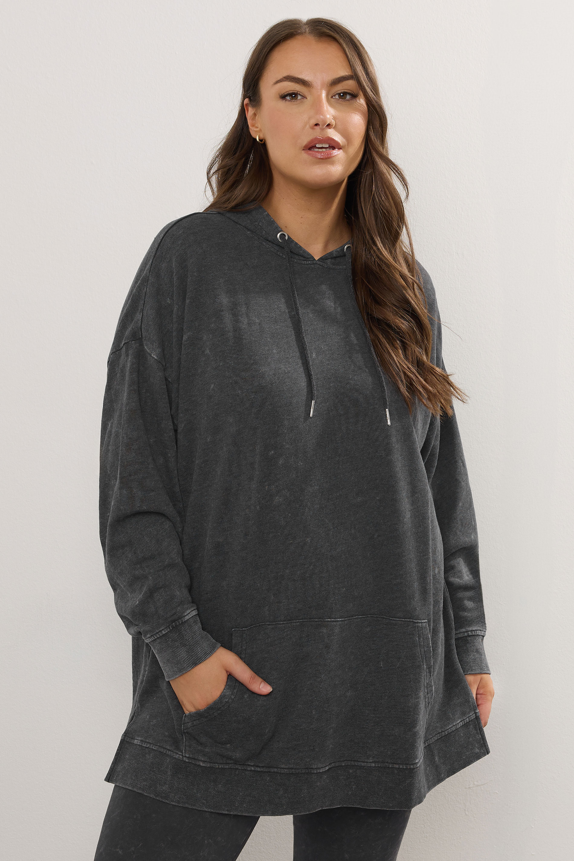YOURS Plus Size Black Acid Wash Longline Hoodie | Yours Clothing 1
