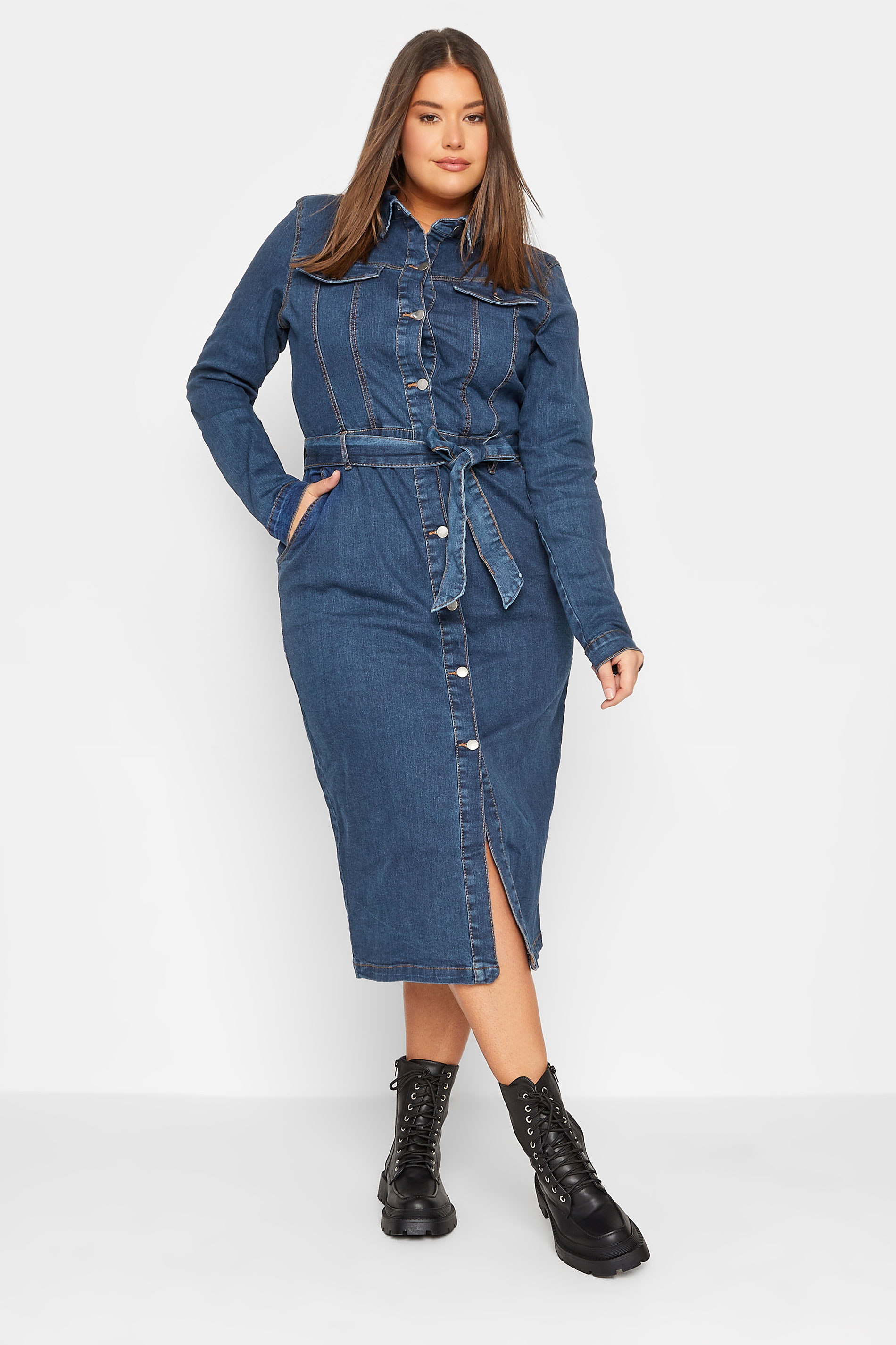 LTS Tall Womens Blue Denim Button Through Midi Dress | Yours Clothing  1