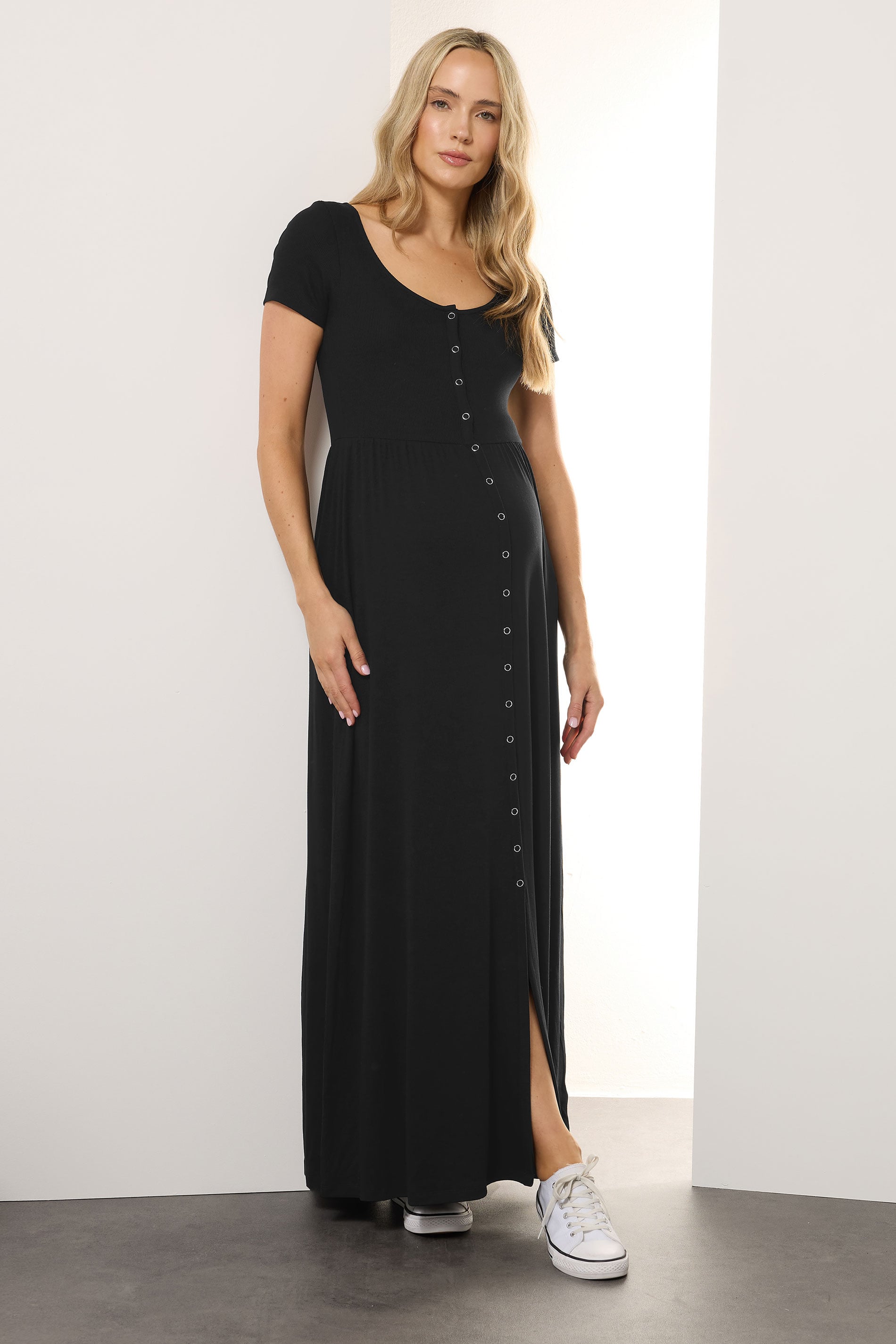 LTS Tall Maternity Black Ribbed Button Maxi Dress | Long Tall Sally 3