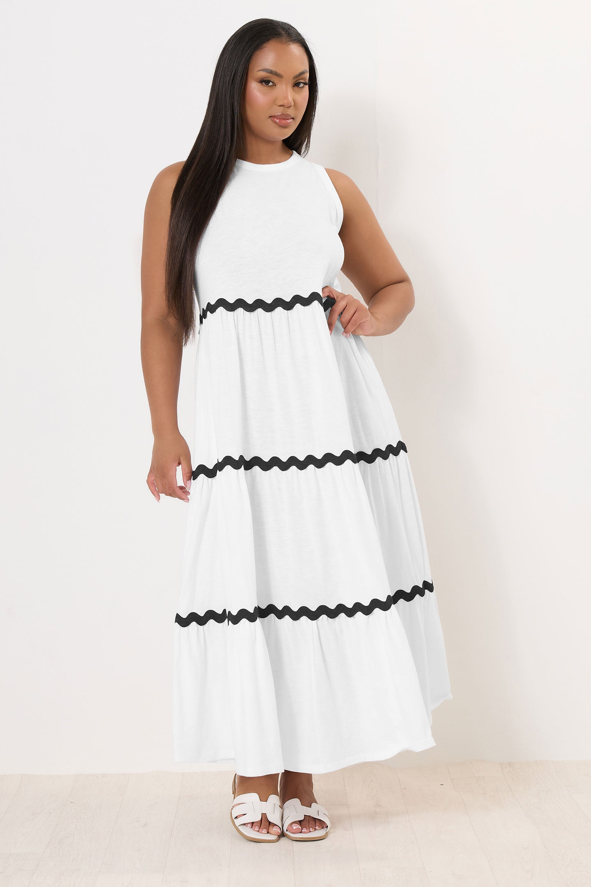 YOURS Plus Size White Contrast Swirl Tiered Maxi Dress | Yours Clothing 1