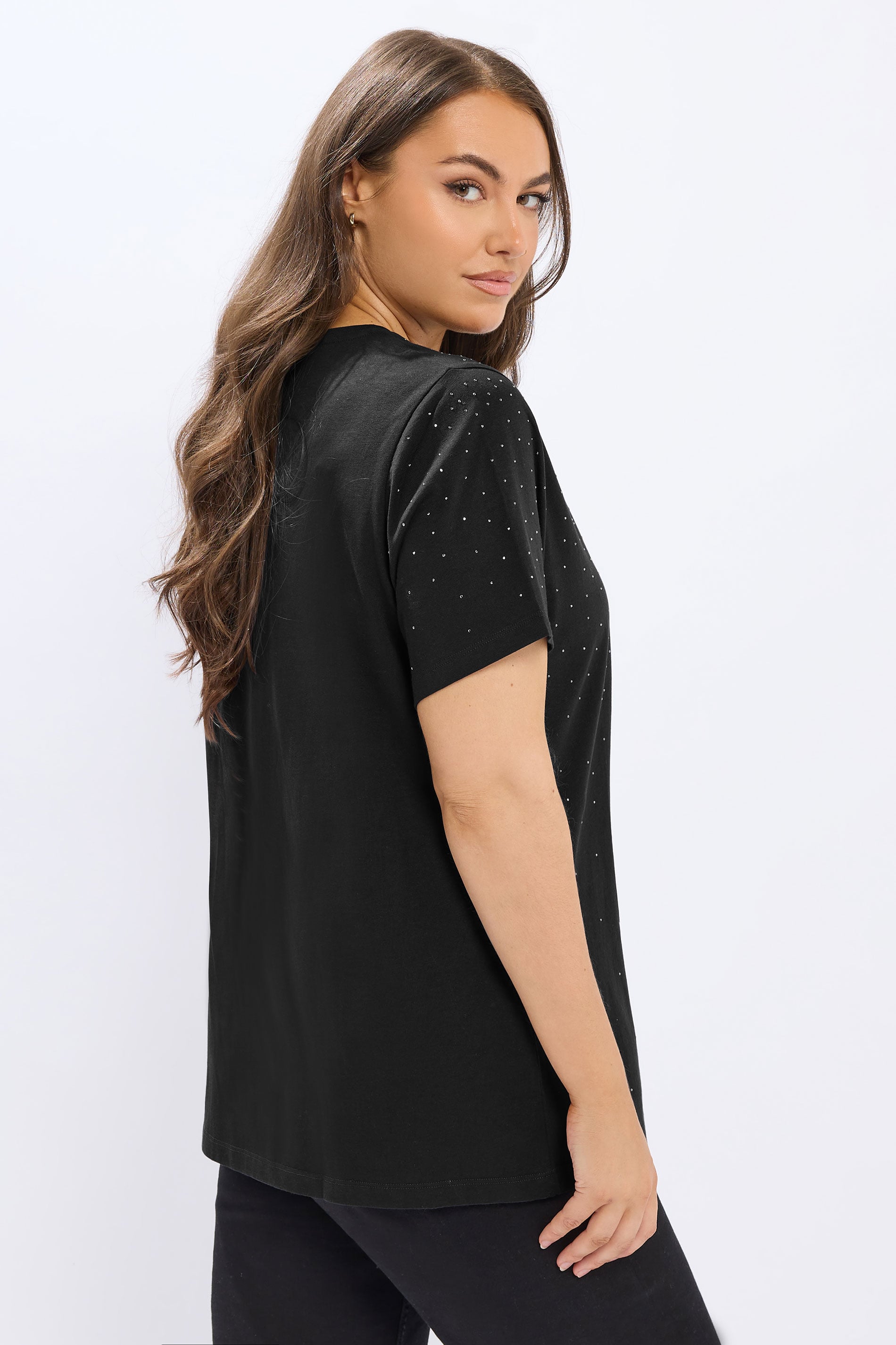 YOURS Plus Size Black Diamante Embellished T-Shirt | Yours Clothing 2