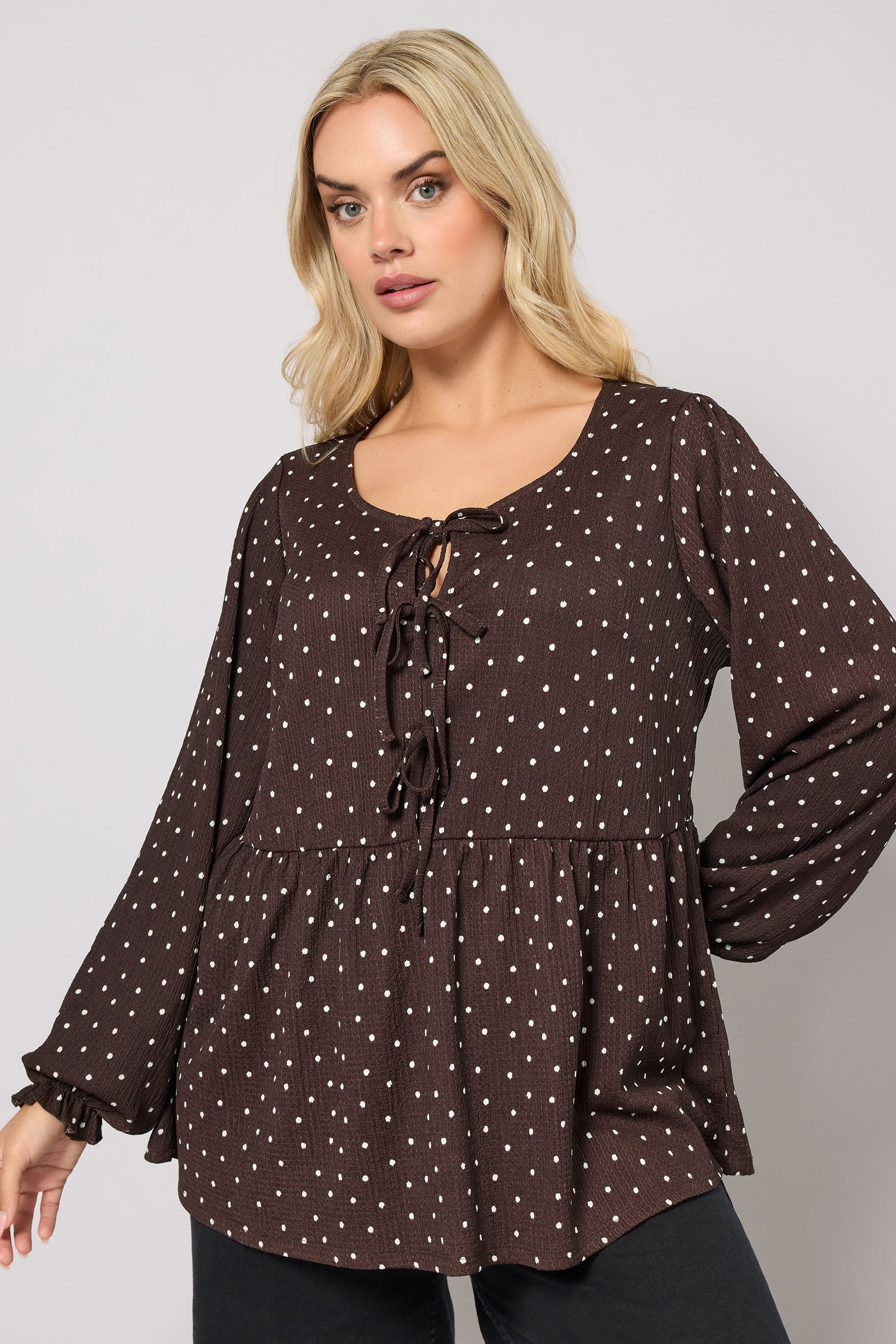 YOURS Plus Size Chocolate Brown Polka Dot Textured Peplum Top | Yours Clothing 3
