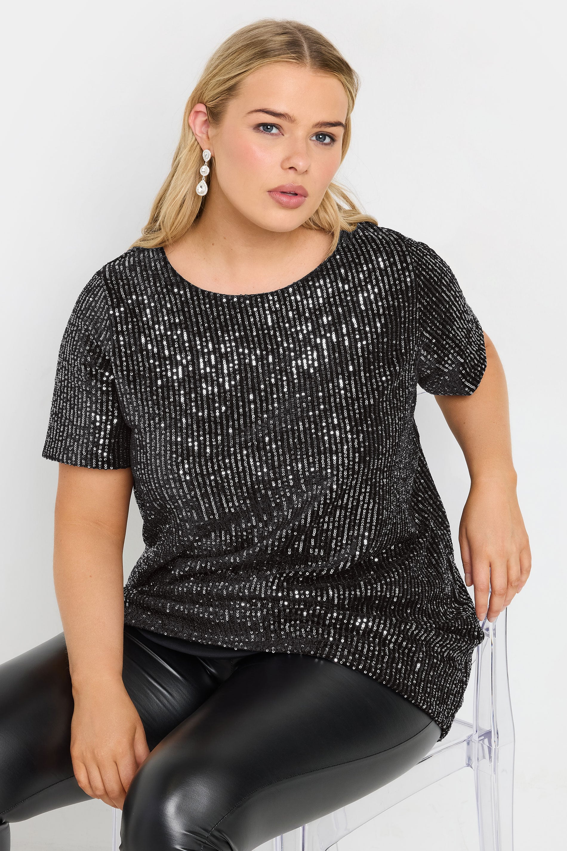 YOURS Plus Size Black & Silver Velvet Sequin Top | Yours Clothing 3