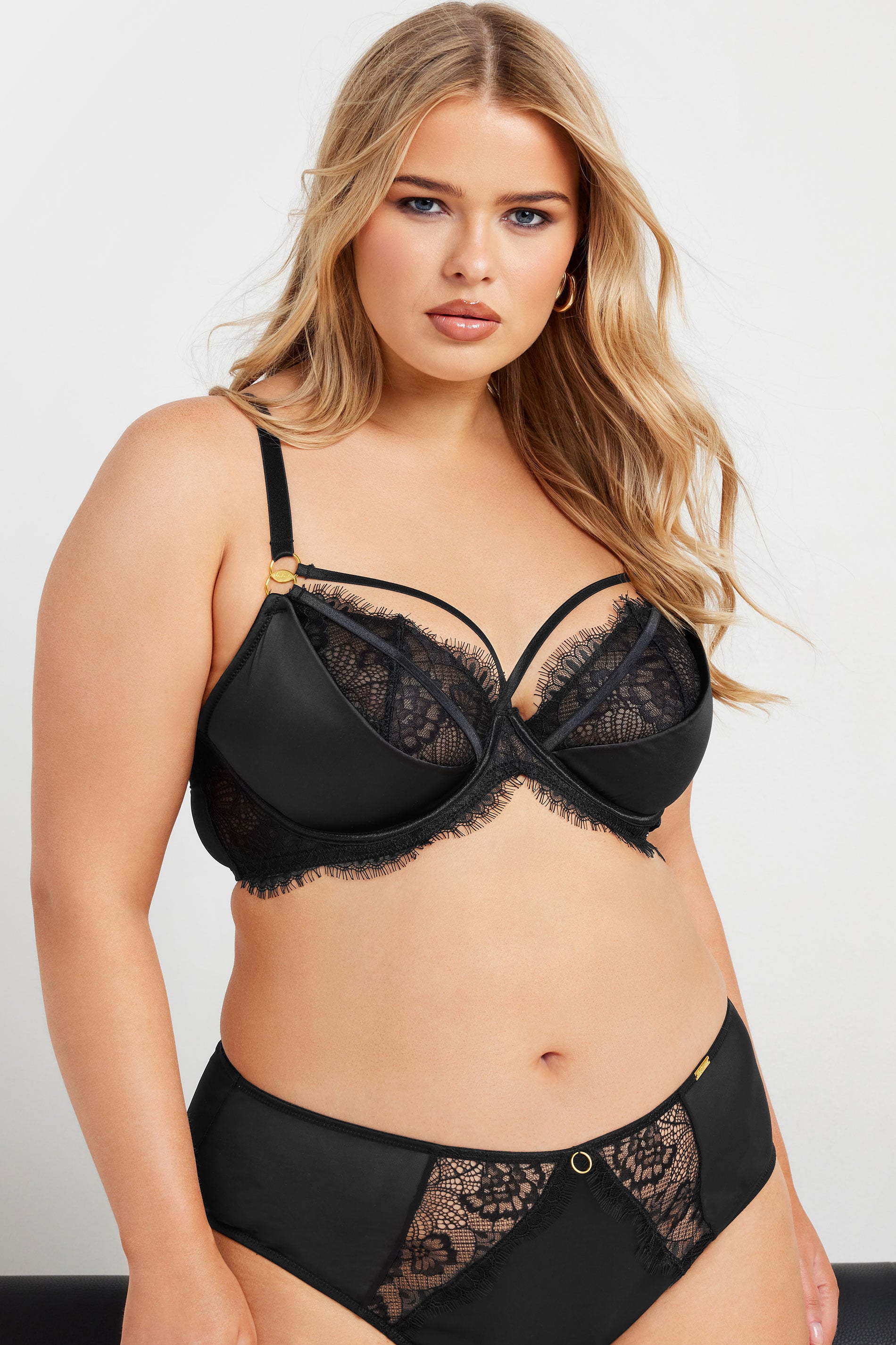 YOURS Plus Size Black Lace Strap Detail Satin Underwired Bra | Yours Clothing 3