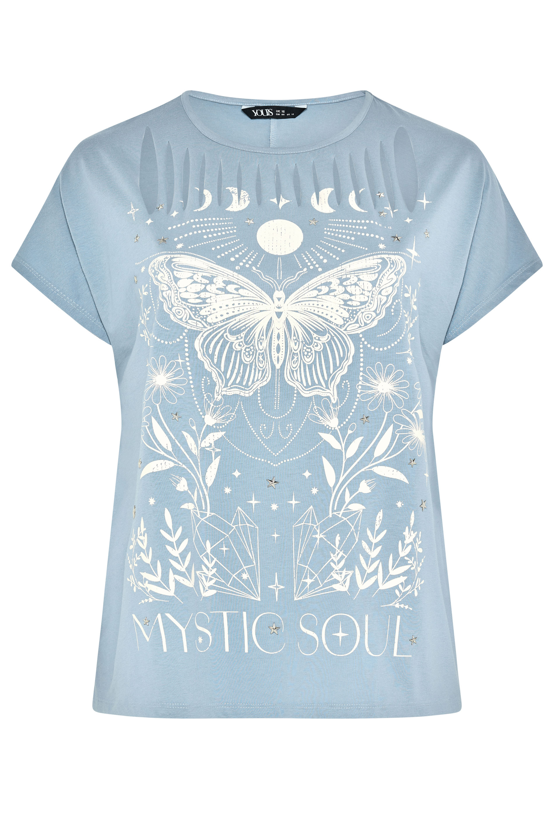 YOURS Plus Size Blue 'Mystic Soul' Laser Cut Slogan T-Shirt | Yours Clothing 5