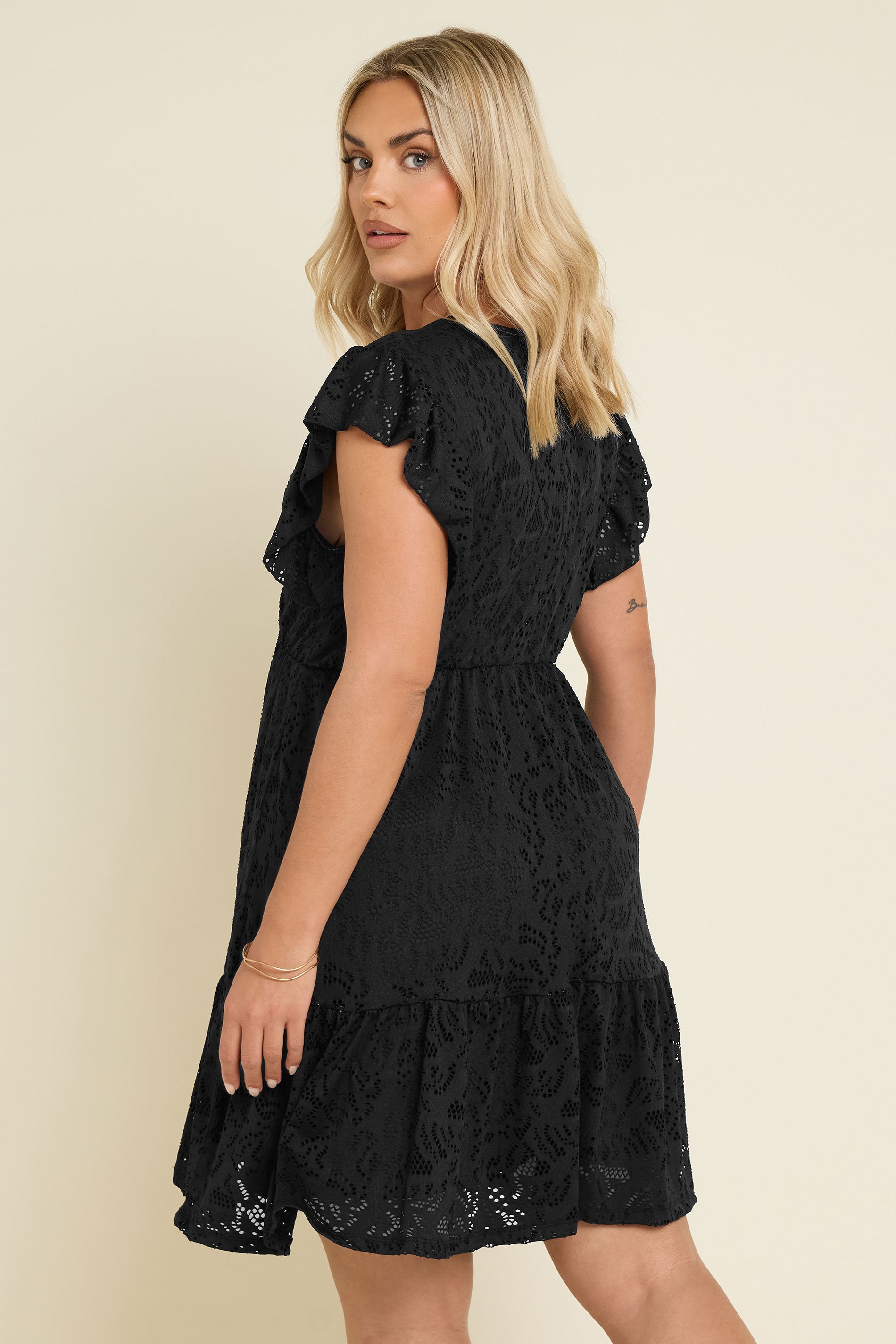 YOURS Plus Size Black Broderie Anglaise Wrap Mini Dress | Yours Clothing 3