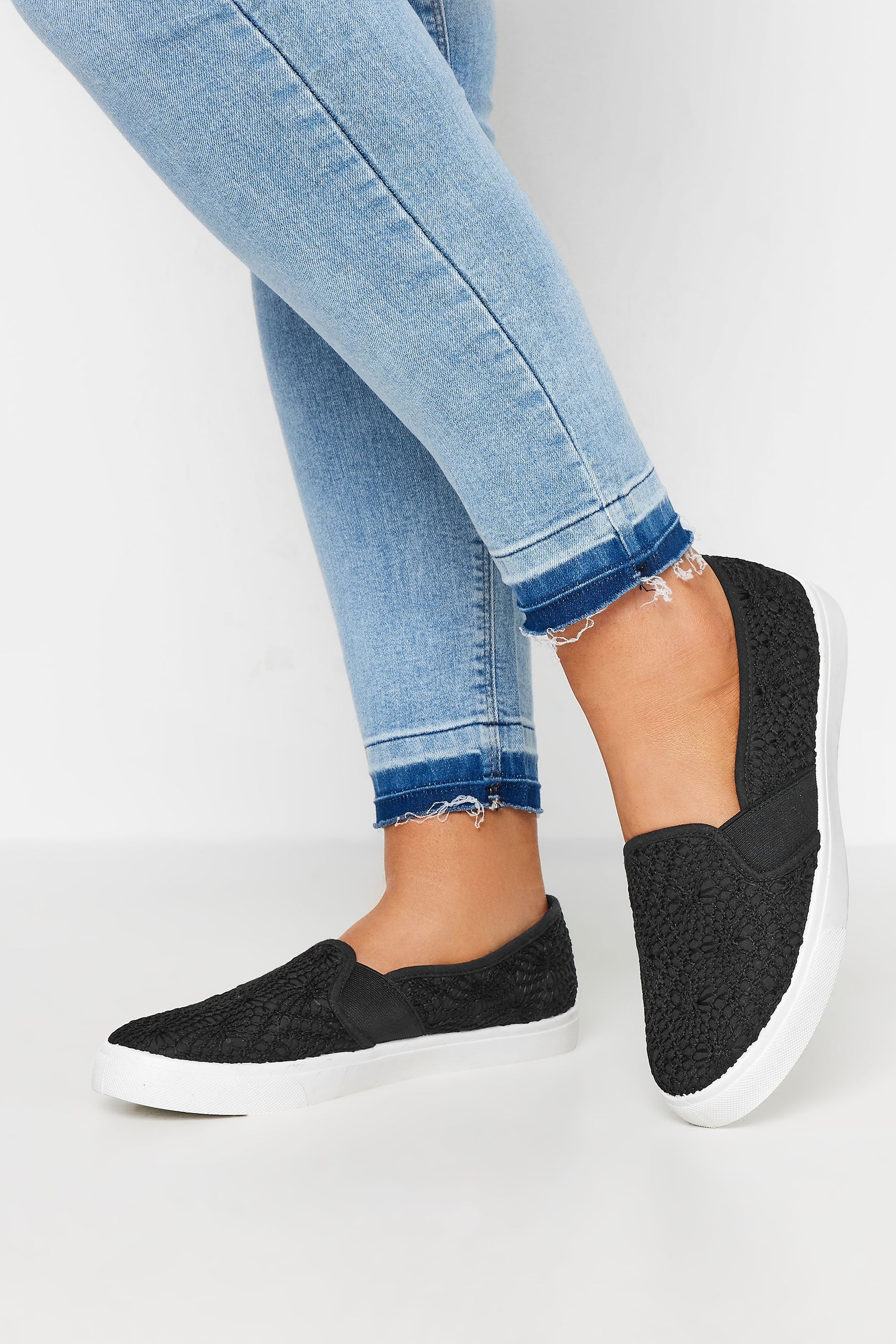Black Broderie Anglaise Slip-On Trainers In Wide E Fit | Yours Clothing 3