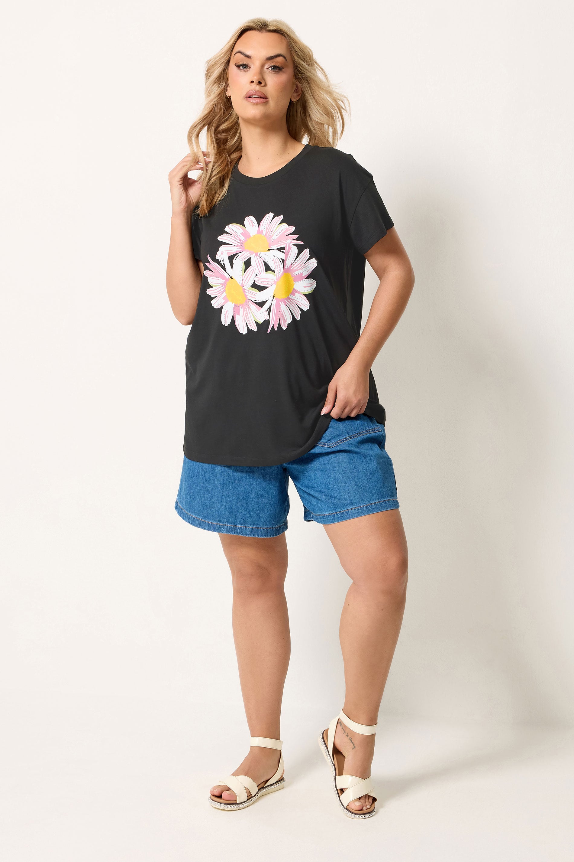 Yours Plus Size Black Daisy Studded Embellished T-Shirt | Yours Clothing 1
