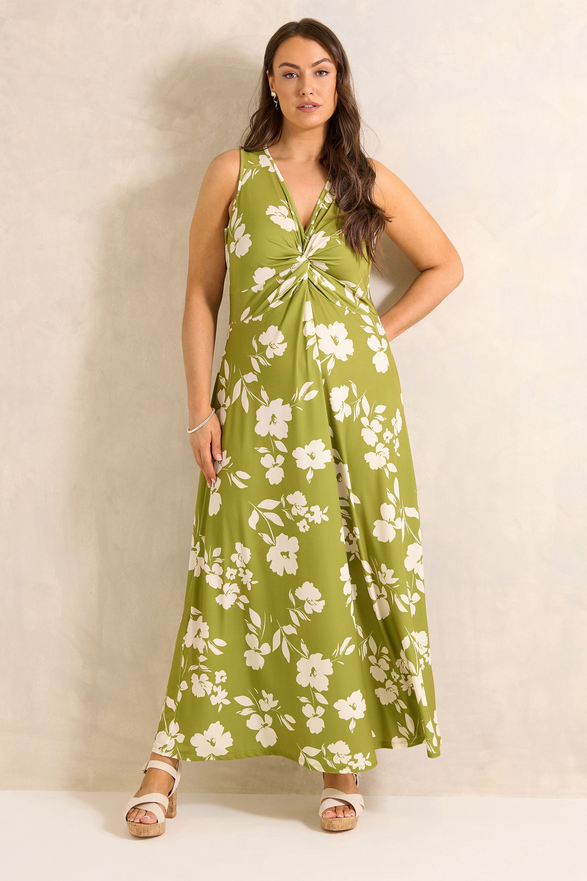 EVANS Plus Size Chartreuse Floral Print Knot Front Maxi Dress | Evans 2