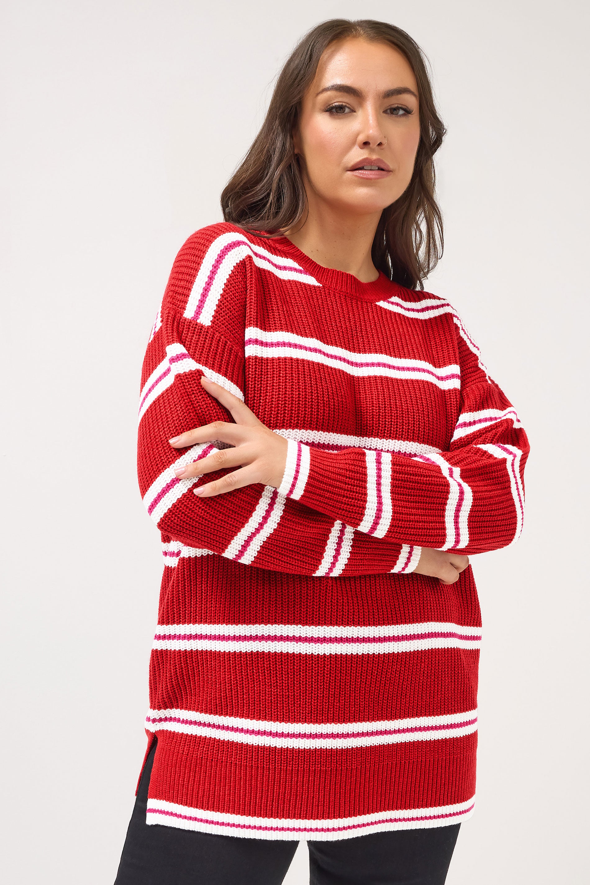 YOURS Plus Size Red Stripe Drop Shoulder Knitted Jumper | Yours Clothing 3